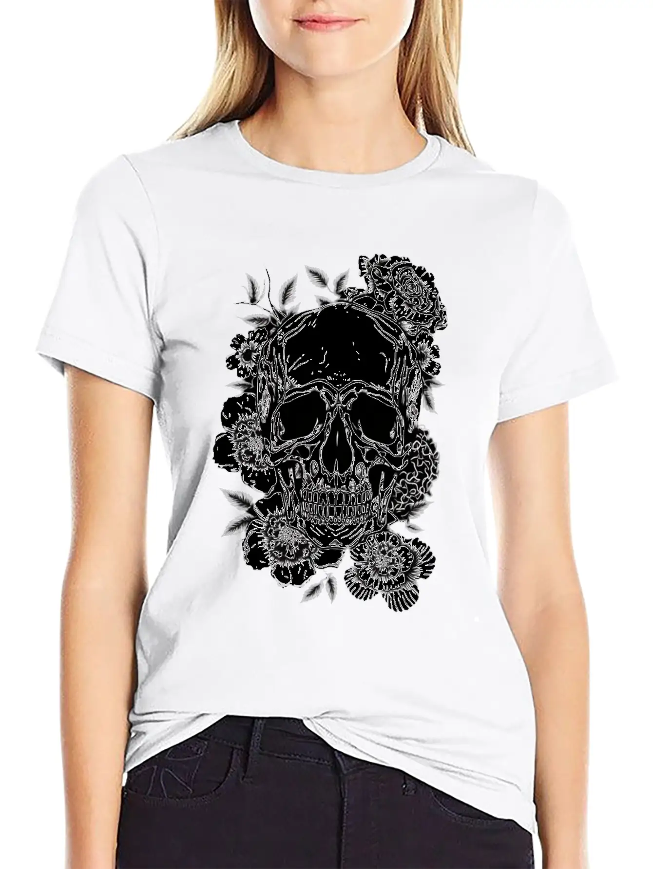 Aesthetic Flowers Skull Art Basic Graphic T-Shirt – Daily Comfort In Soft Cotton