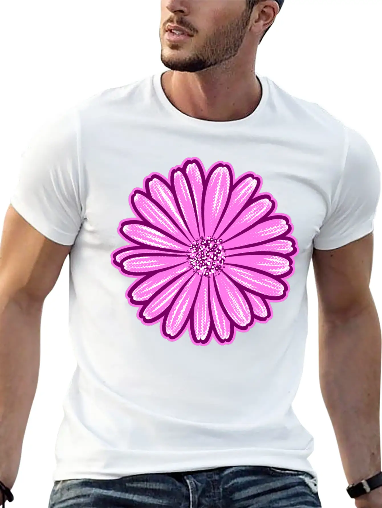 African Daisy Halftone Illustration Modern Fit Casual T-Shirt – Clean And Versatile Design