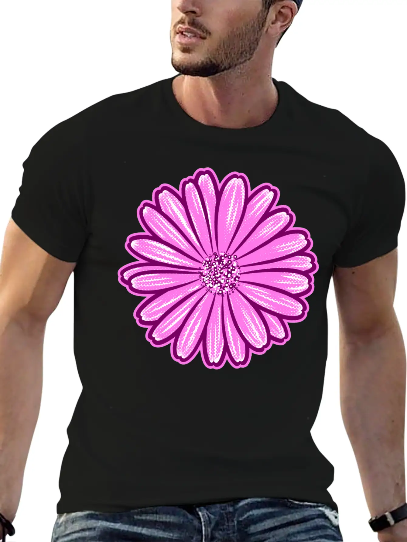 African Daisy Halftone Illustration Modern Fit Casual T-Shirt – Clean And Versatile Design