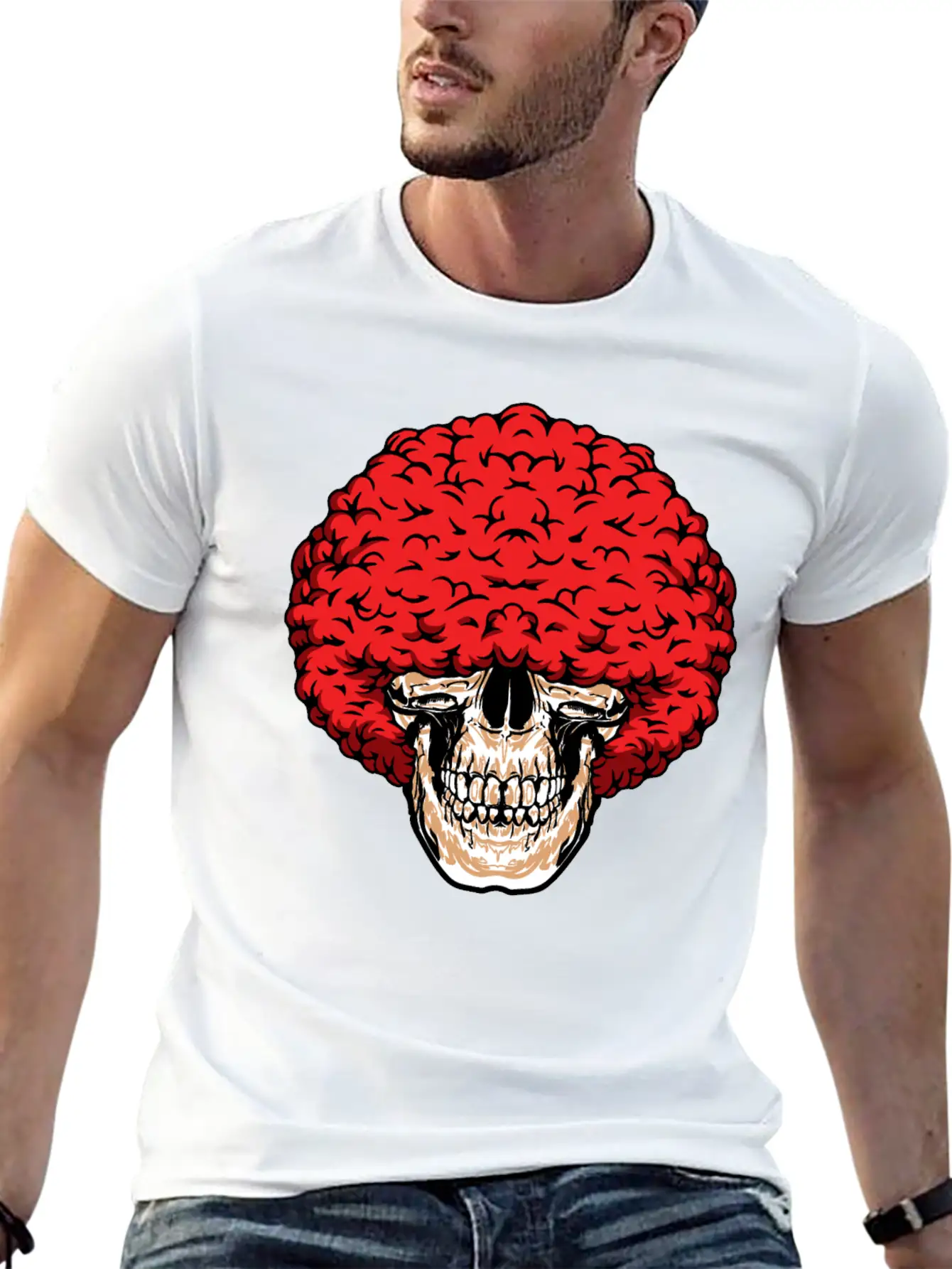 Afro-Man's Skull Abundant Curly Red Hair Relaxed Everyday Tee – Lightweight And Durable Cotton