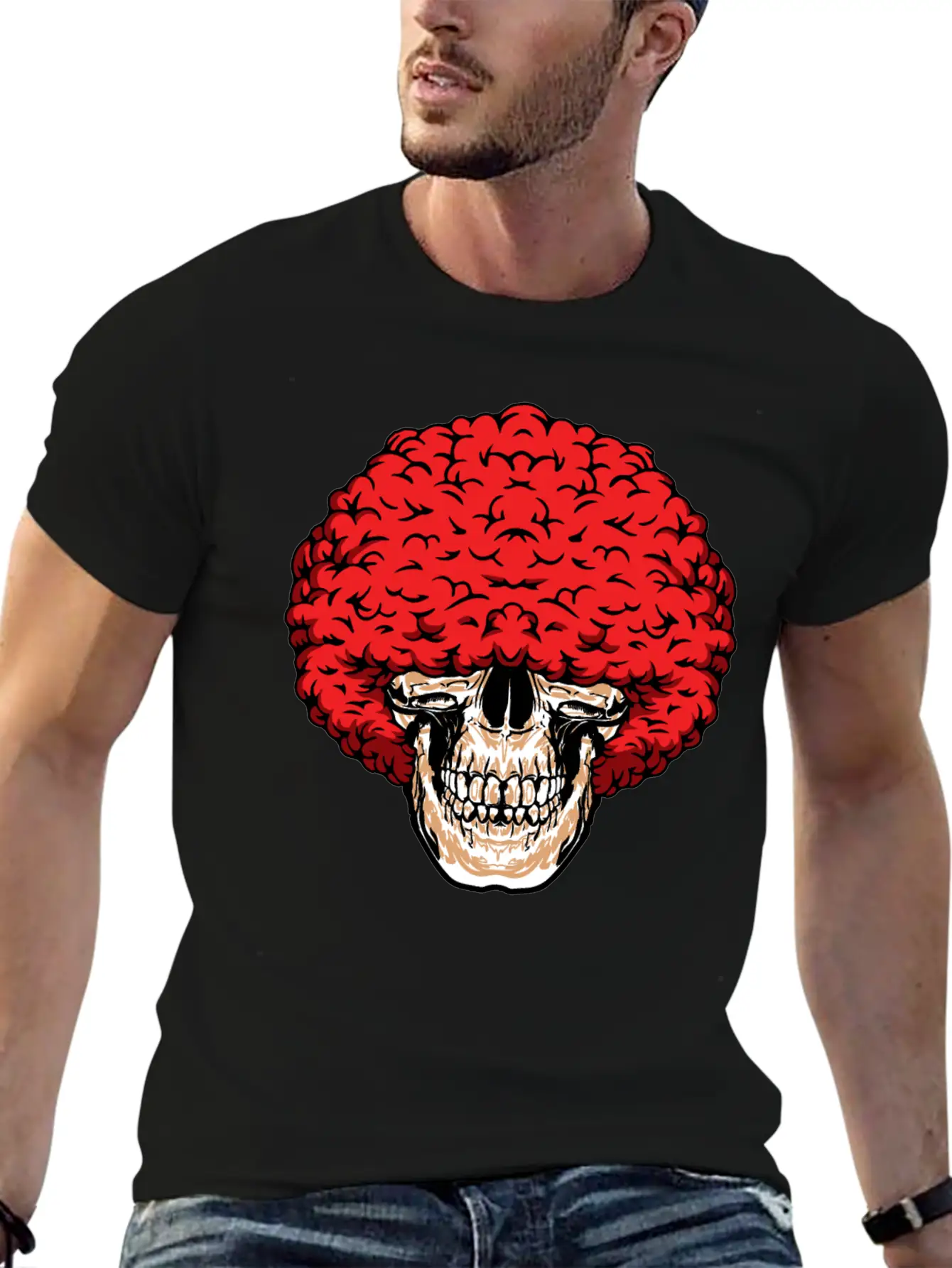 Afro-Man's Skull Abundant Curly Red Hair Relaxed Everyday Tee – Lightweight And Durable Cotton