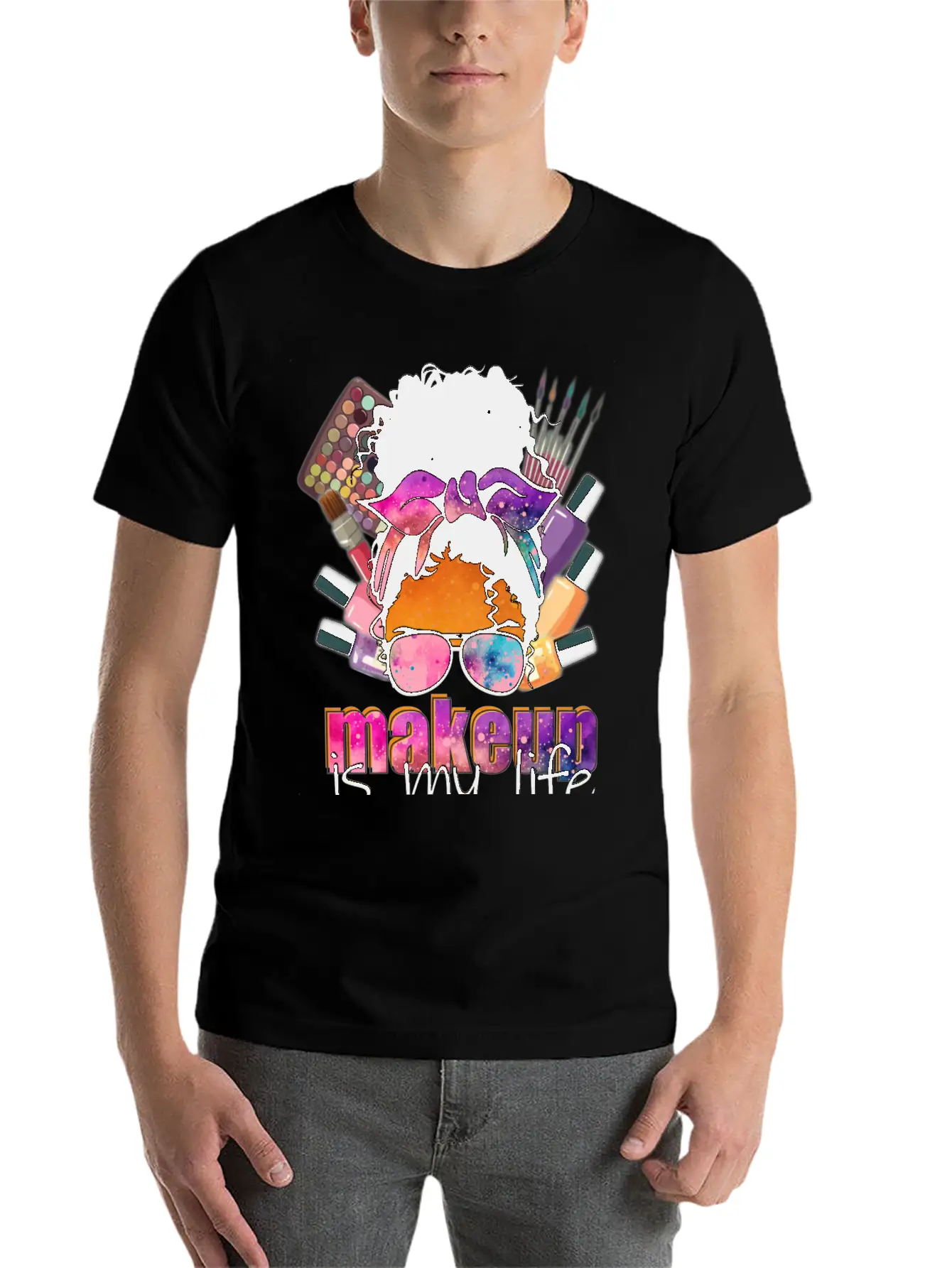 Afro Messy Bun Makeup Basic Graphic T-Shirt – Daily Comfort In Soft Cotton
