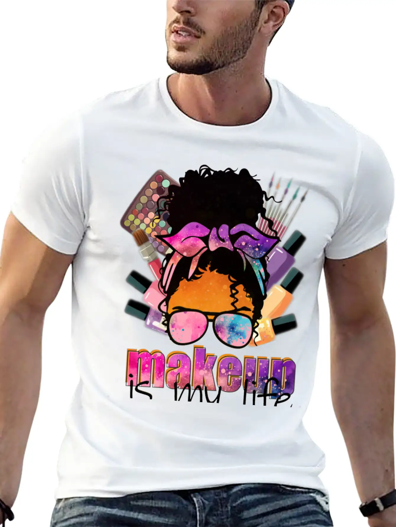 Afro Messy Bun Makeup Basic Graphic T-Shirt – Daily Comfort In Soft Cotton