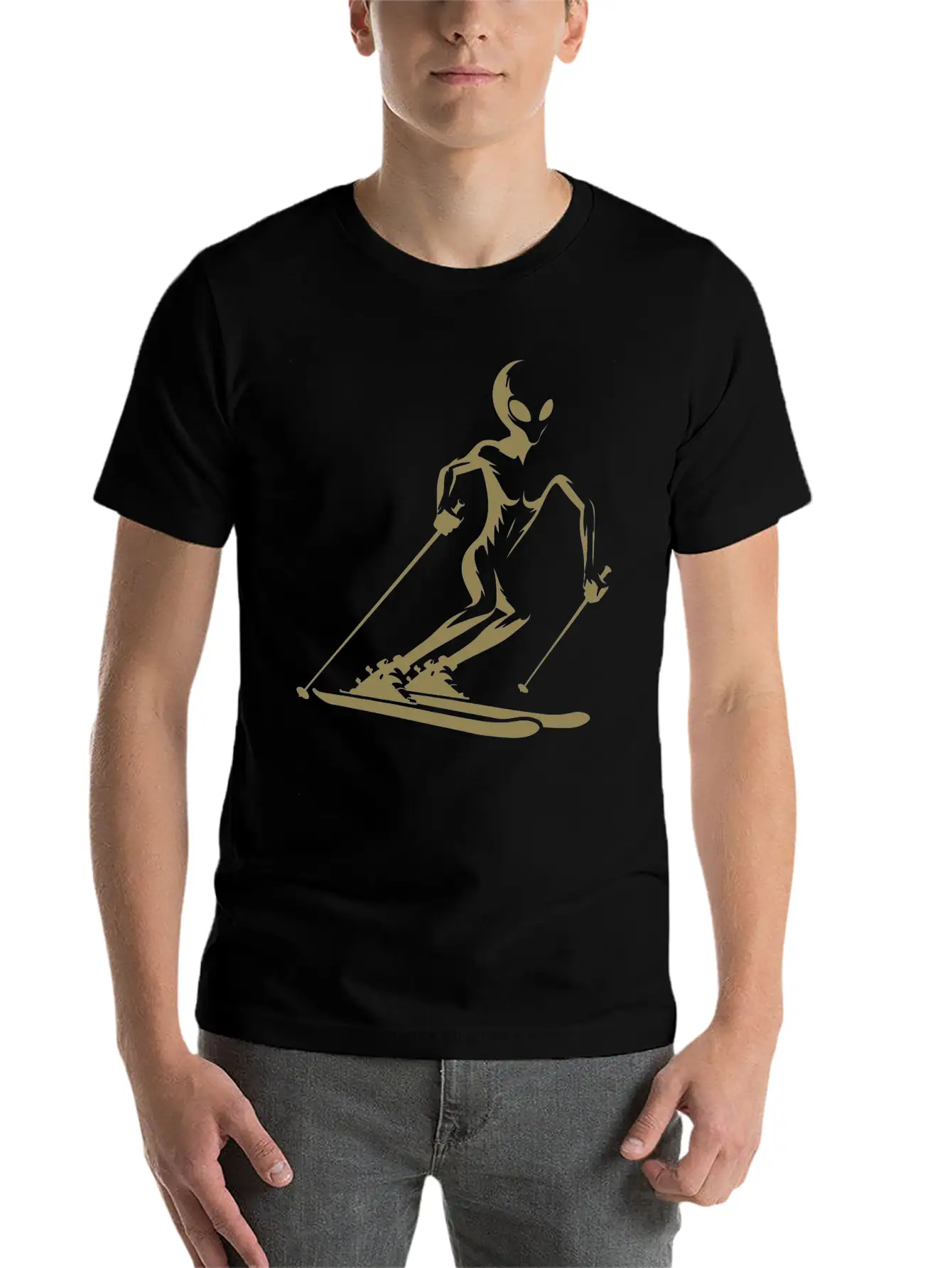 Alien Skier Silhouette For Minimalist Winter Sport Lightweight Cotton T-Shirt – Daily Comfort Graphic Shirt