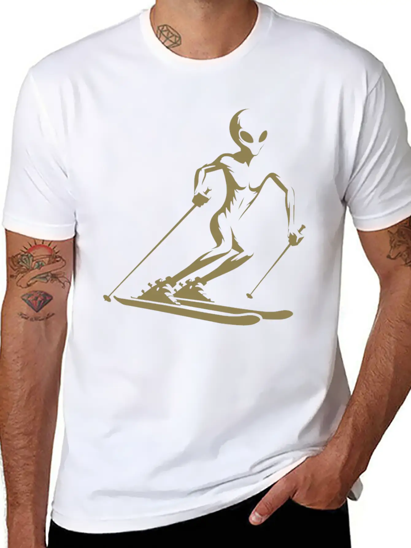 Alien Skier Silhouette For Minimalist Winter Sport Lightweight Cotton T-Shirt – Daily Comfort Graphic Shirt