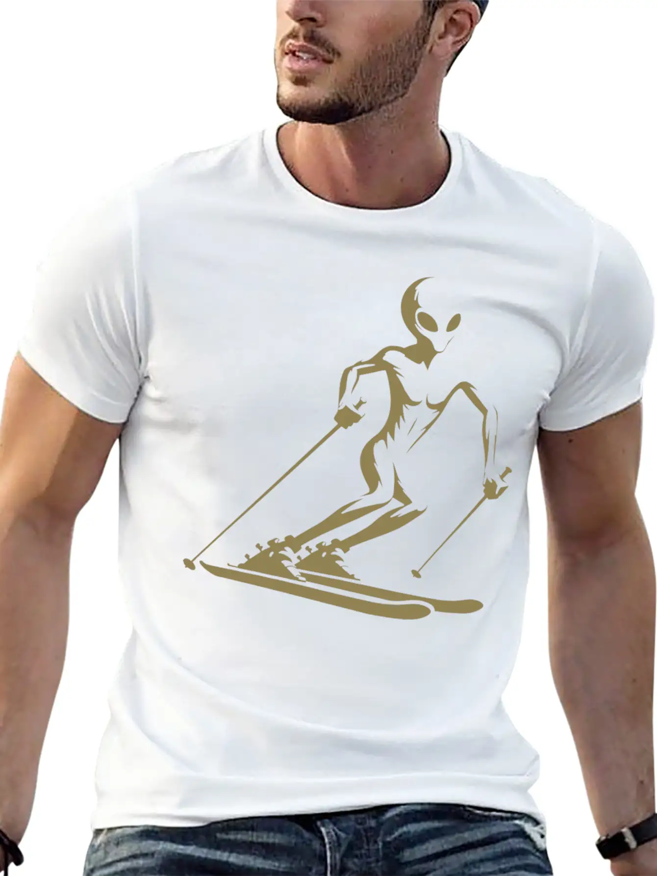 Alien Skier Silhouette For Minimalist Winter Sport Lightweight Cotton T-Shirt – Daily Comfort Graphic Shirt