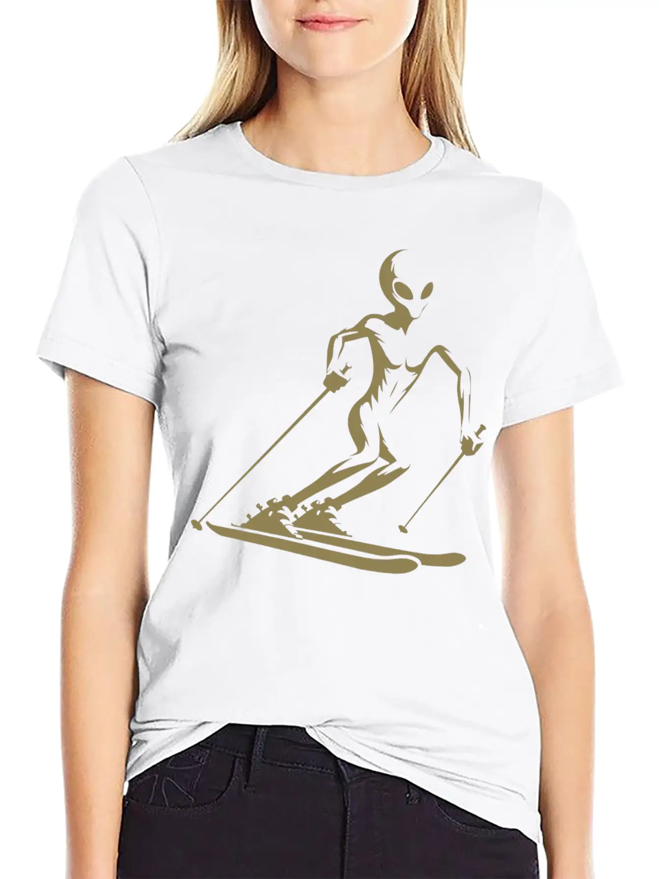 Alien Skier Silhouette For Minimalist Winter Sport Lightweight Cotton T-Shirt – Daily Comfort Graphic Shirt