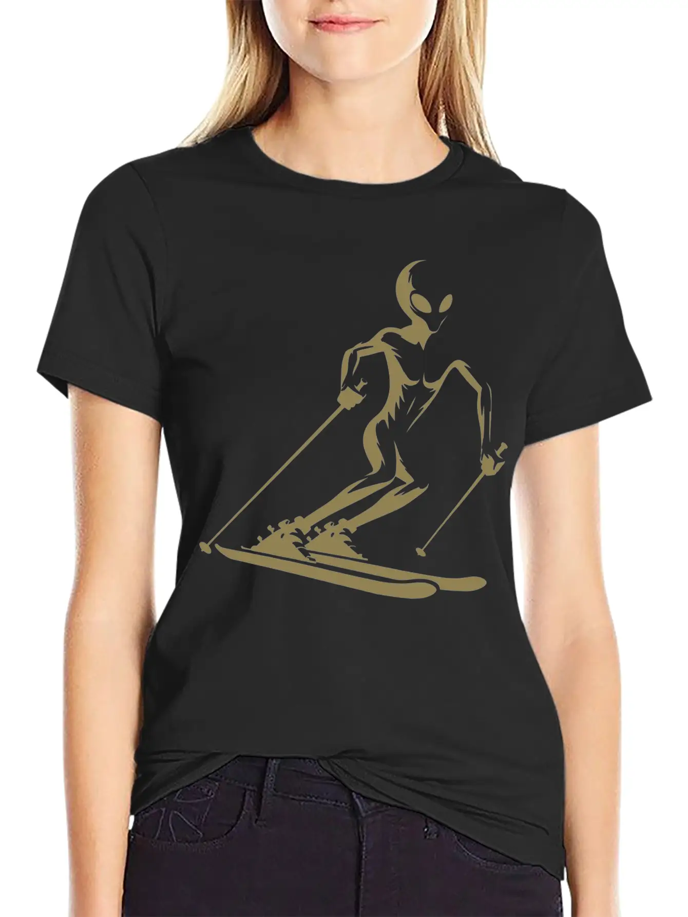 Alien Skier Silhouette For Minimalist Winter Sport Lightweight Cotton T-Shirt – Daily Comfort Graphic Shirt