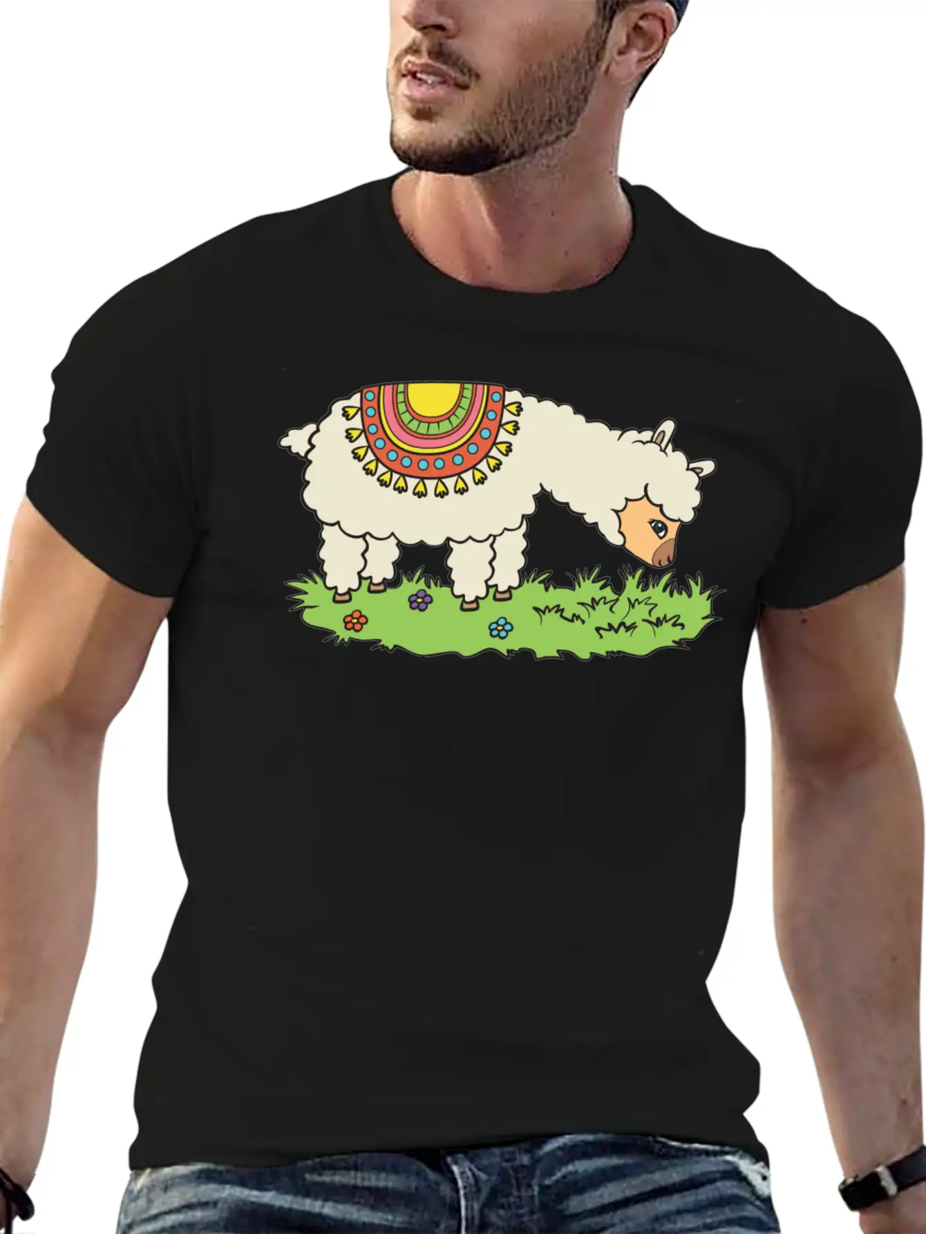 Alpaca Eats Grass On A Meadow Basic Graphic T-Shirt – Daily Comfort In Soft Cotton