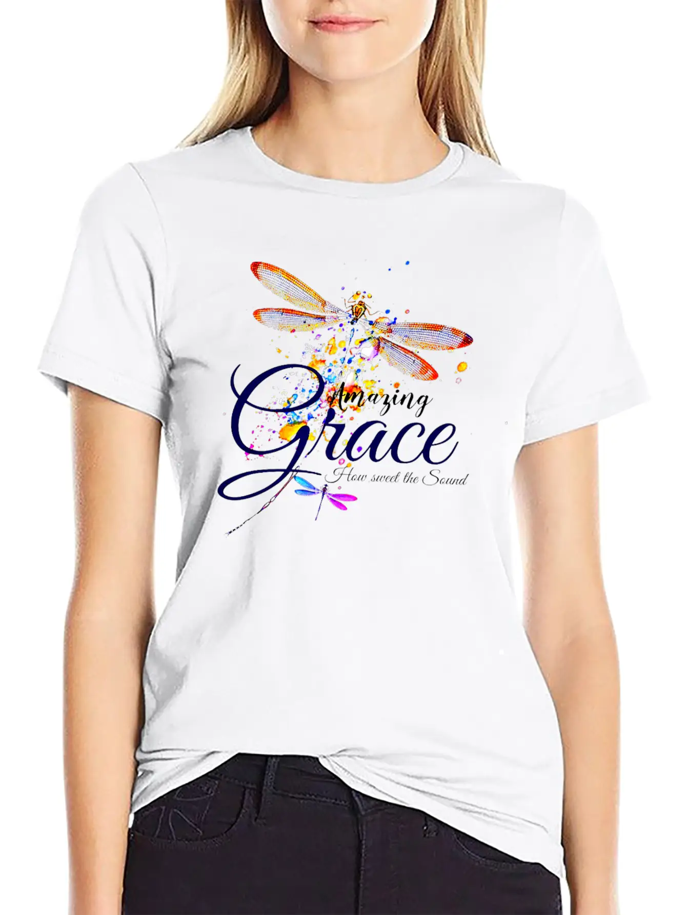 Amazing Grace Dragonfly Splatter Lightweight Cotton T-Shirt – Daily Comfort Graphic Shirt