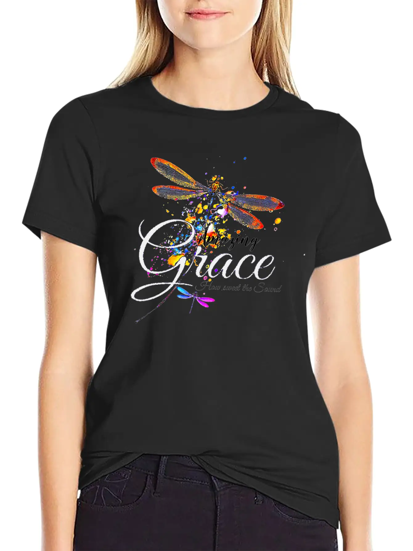 Amazing Grace Dragonfly Splatter Lightweight Cotton T-Shirt – Daily Comfort Graphic Shirt