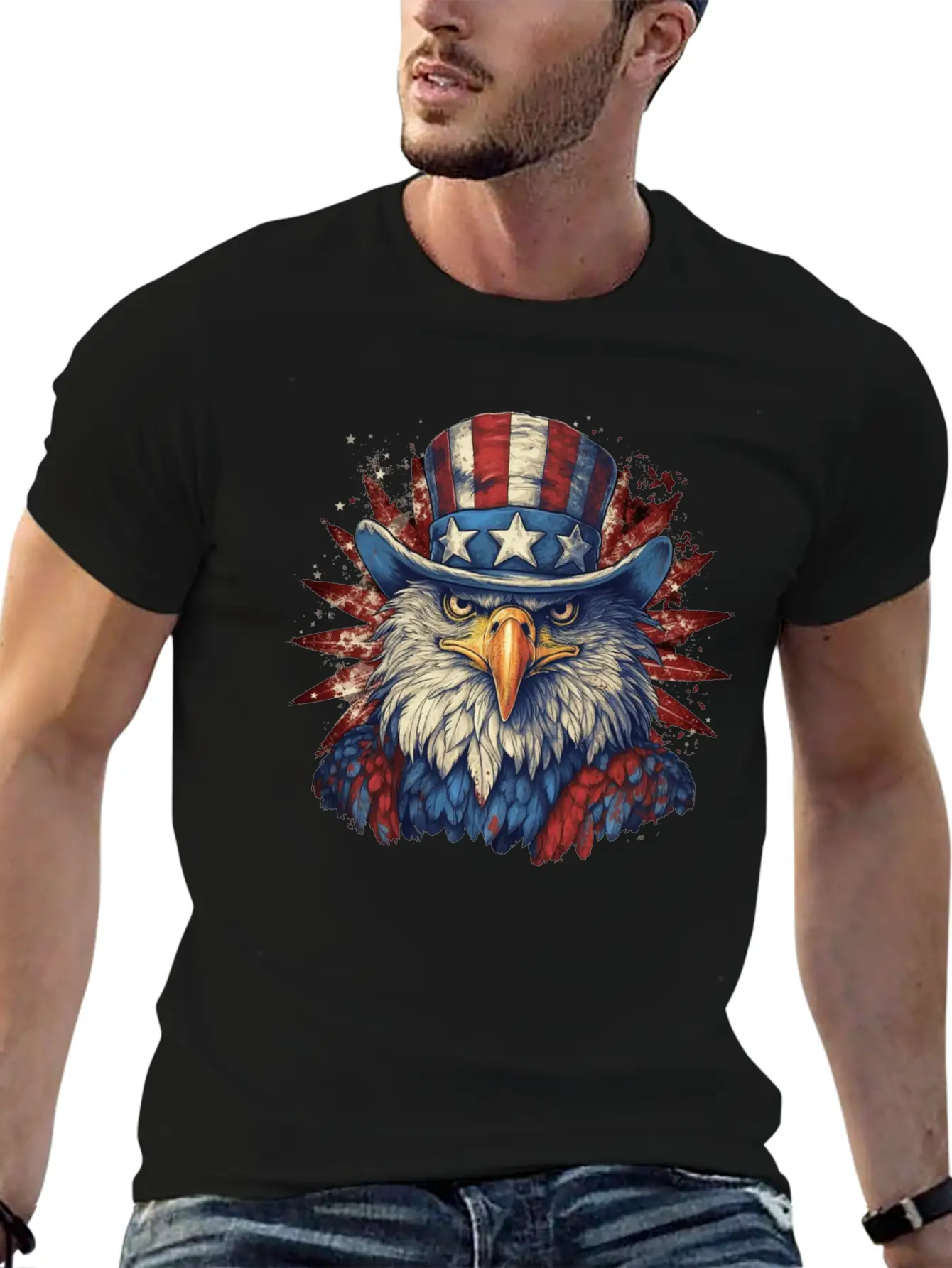 American Eagle 4th Of July Wearing Uncle Sam Hat Relaxed Everyday Tee – Lightweight And Durable Cotton