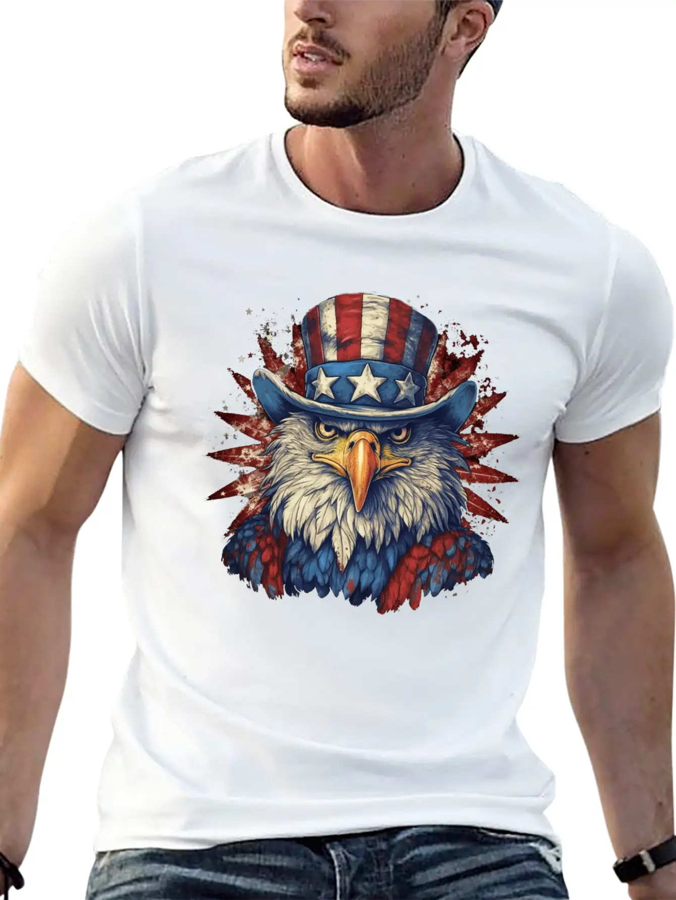 American Eagle 4th Of July Wearing Uncle Sam Hat Relaxed Everyday Tee – Lightweight And Durable Cotton