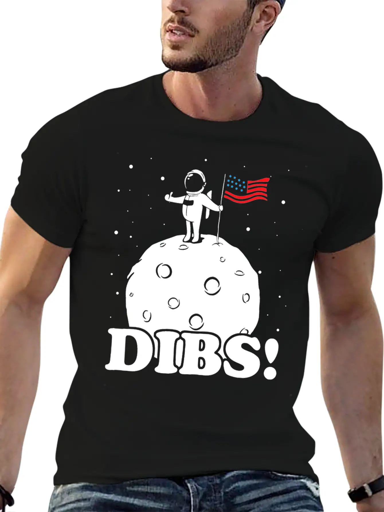 American Flag On Moon Unisex Casual T-Shirt – Clean Design For Daily Comfort