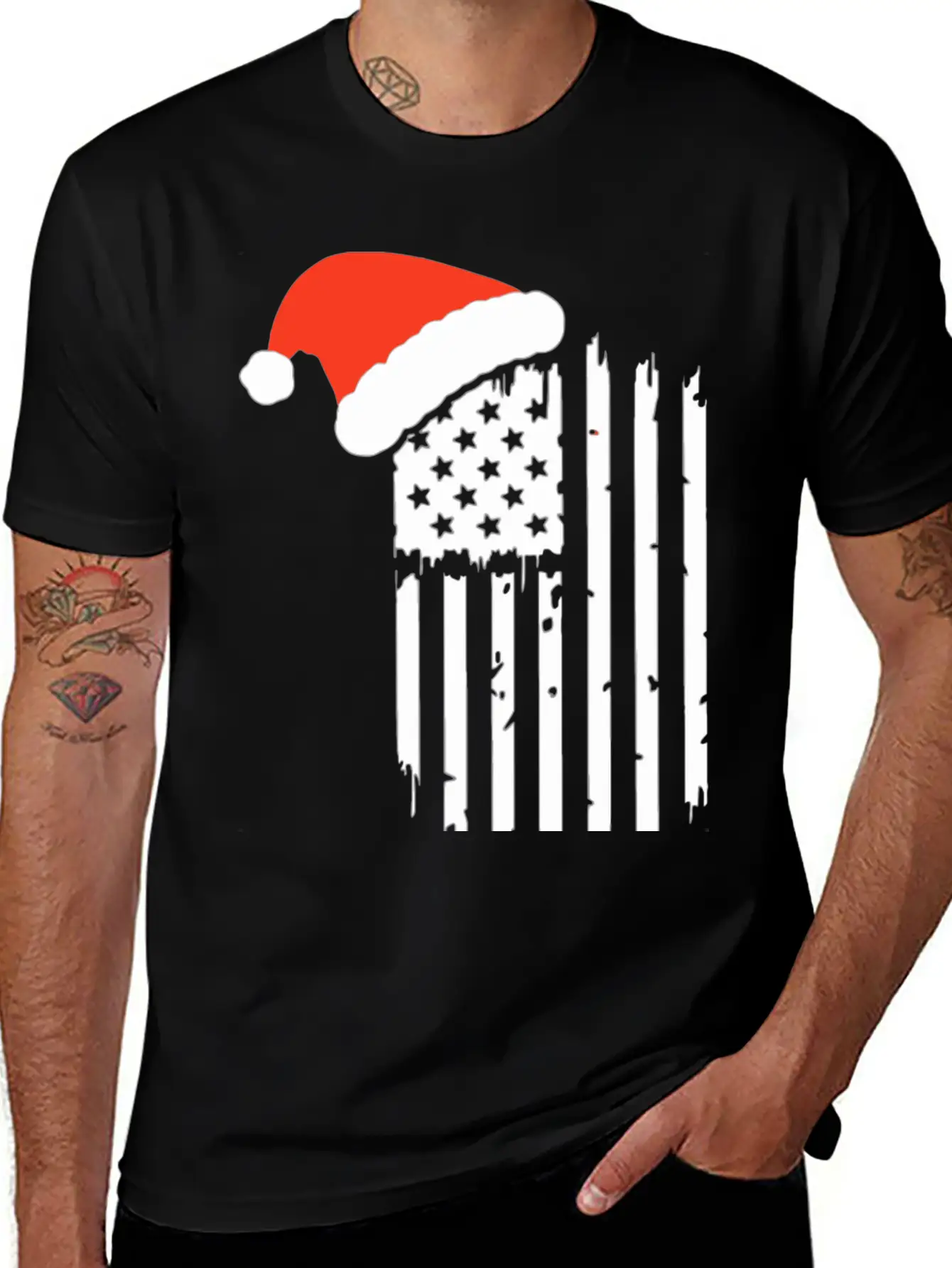 American Flag With Christmas Hat Lightweight Cotton T-Shirt – Daily Comfort Graphic Shirt