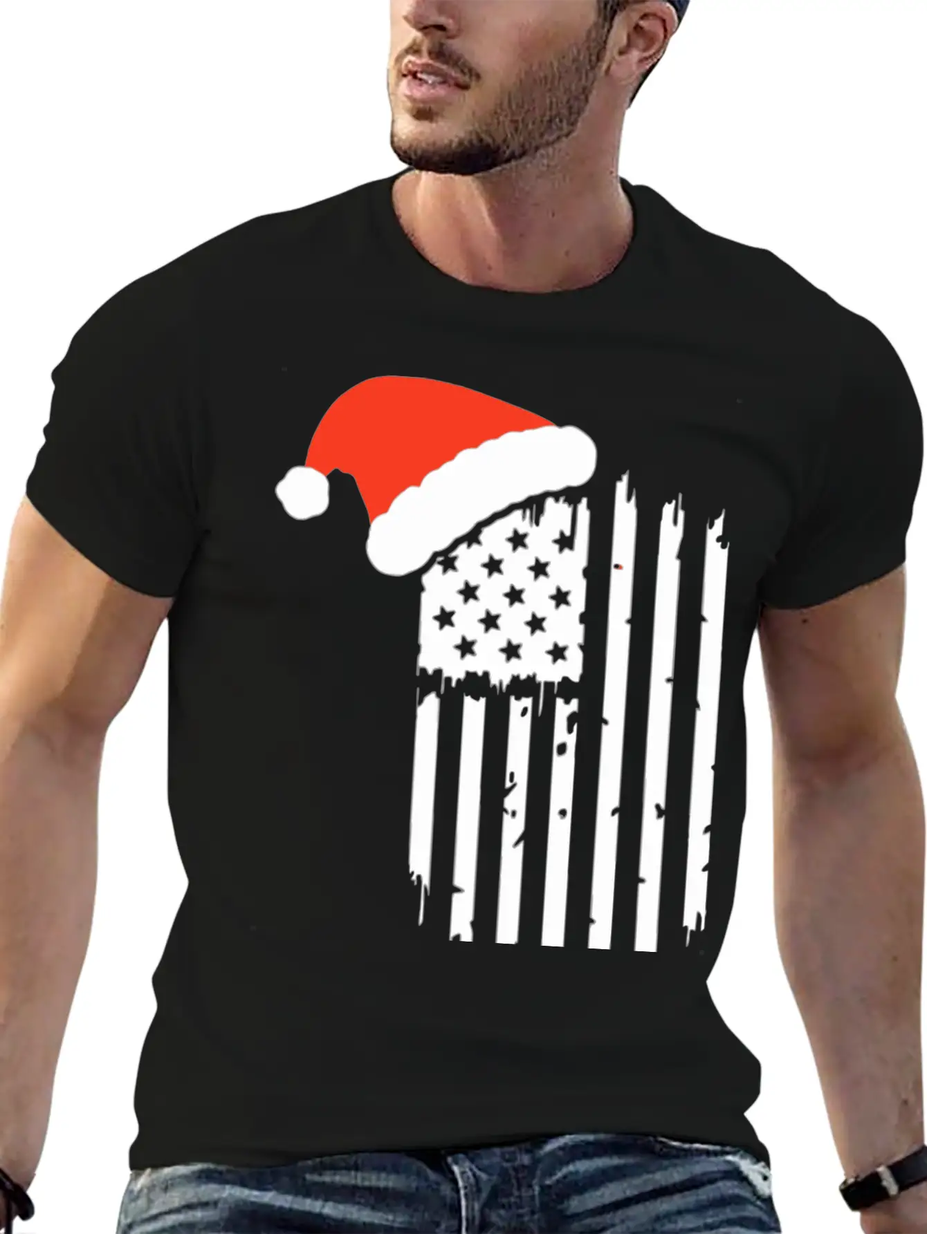 American Flag With Christmas Hat Lightweight Cotton T-Shirt – Daily Comfort Graphic Shirt