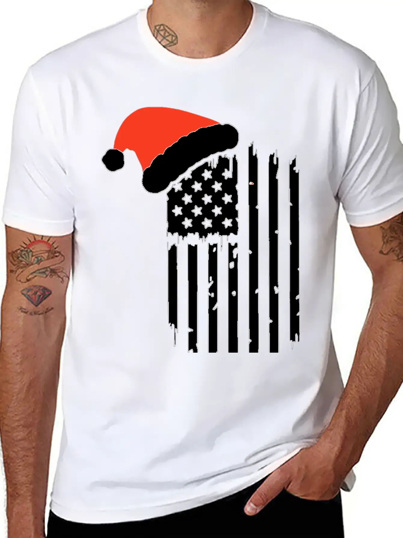 American Flag With Christmas Hat Lightweight Cotton T-Shirt – Daily Comfort Graphic Shirt