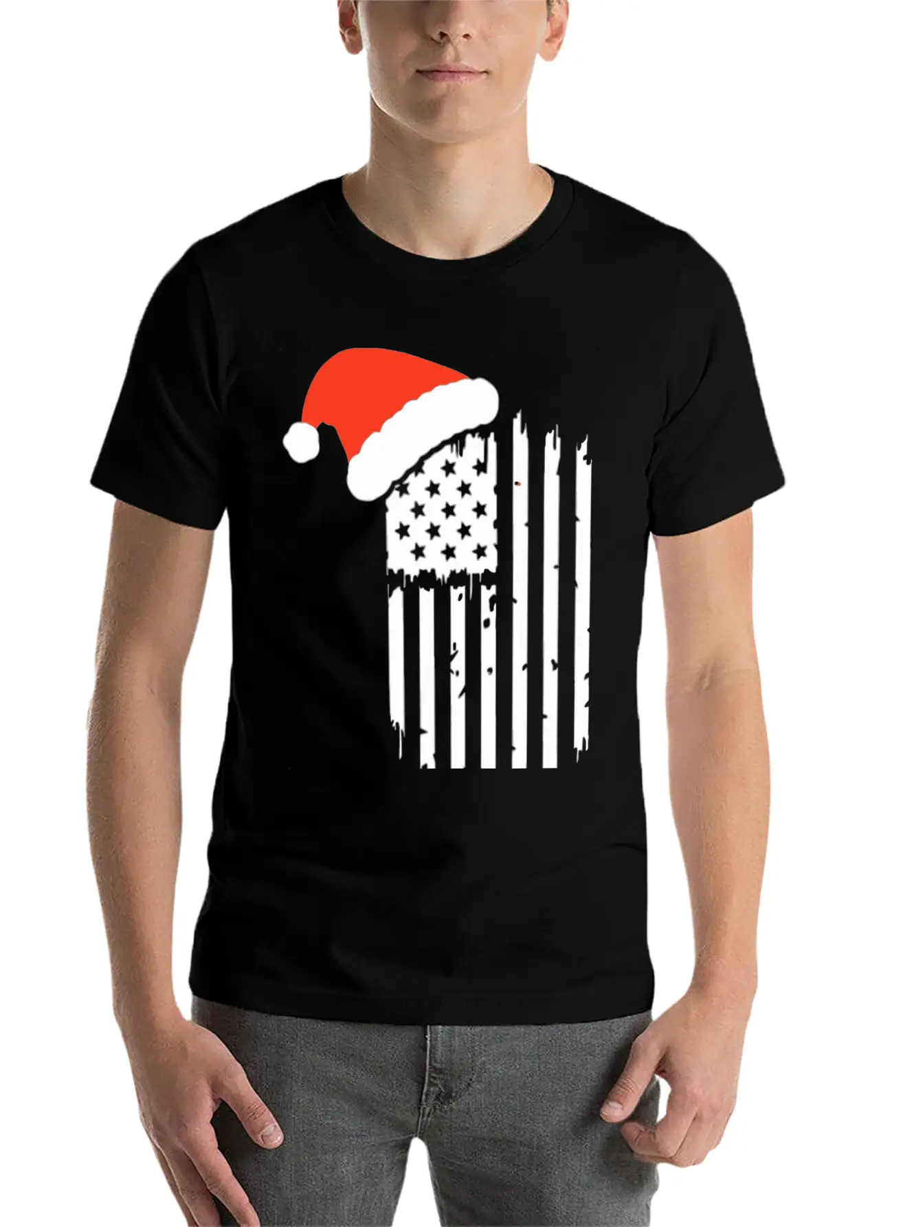 American Flag With Christmas Hat Lightweight Cotton T-Shirt – Daily Comfort Graphic Shirt
