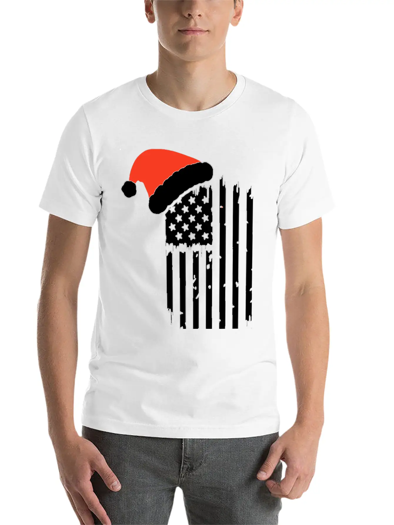 American Flag With Christmas Hat Lightweight Cotton T-Shirt – Daily Comfort Graphic Shirt