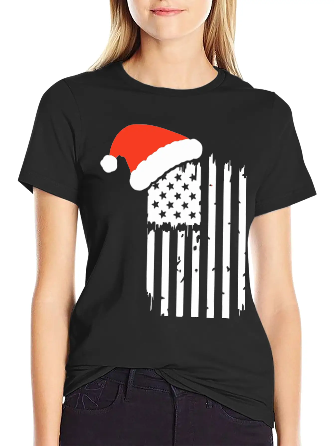 American Flag With Christmas Hat Lightweight Cotton T-Shirt – Daily Comfort Graphic Shirt