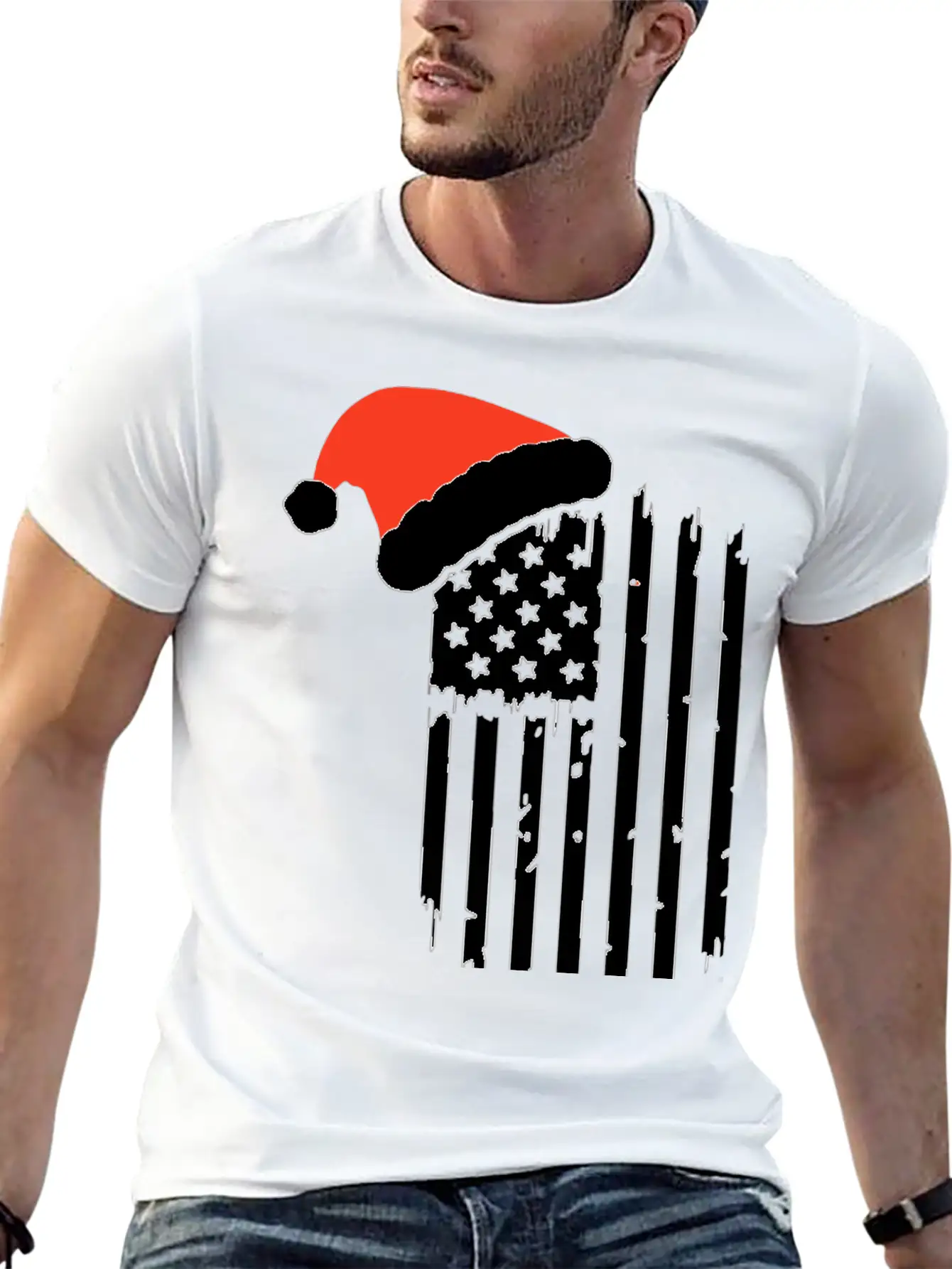 American Flag With Christmas Hat Lightweight Cotton T-Shirt – Daily Comfort Graphic Shirt