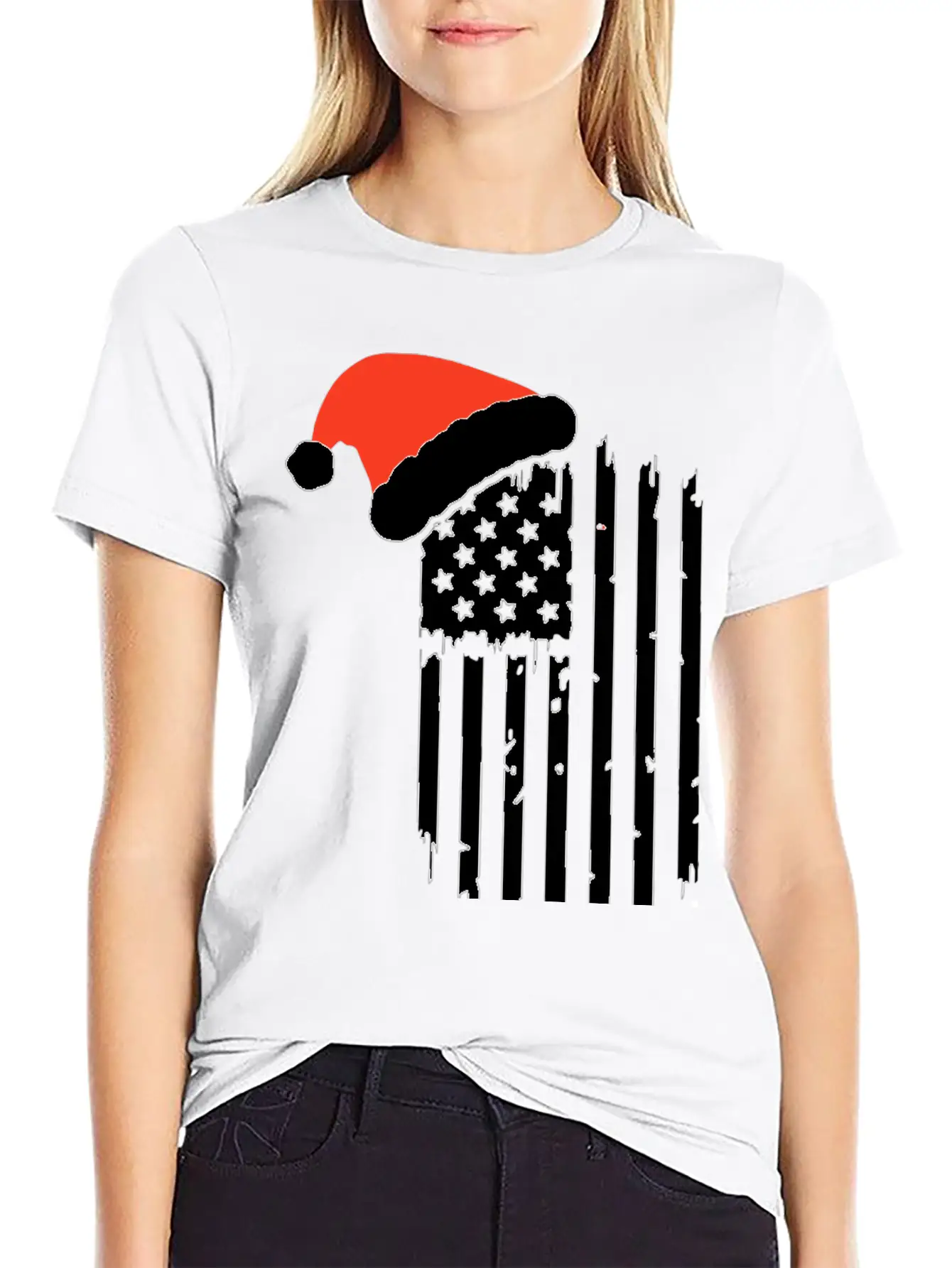 American Flag With Christmas Hat Lightweight Cotton T-Shirt – Daily Comfort Graphic Shirt