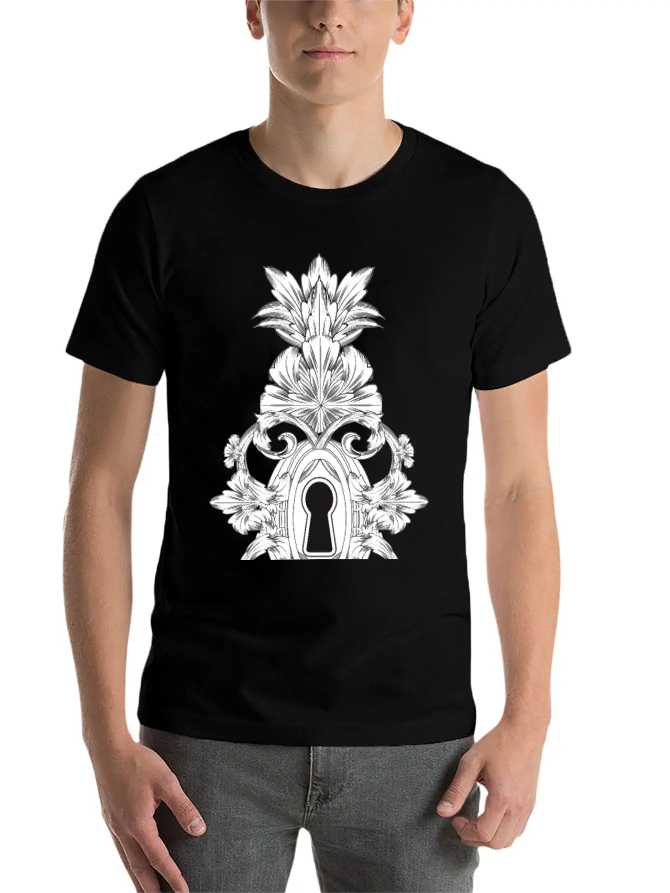 Antique Ornamental Door Lock With Keyhole Lightweight Cotton T-Shirt – Daily Comfort Graphic Shirt