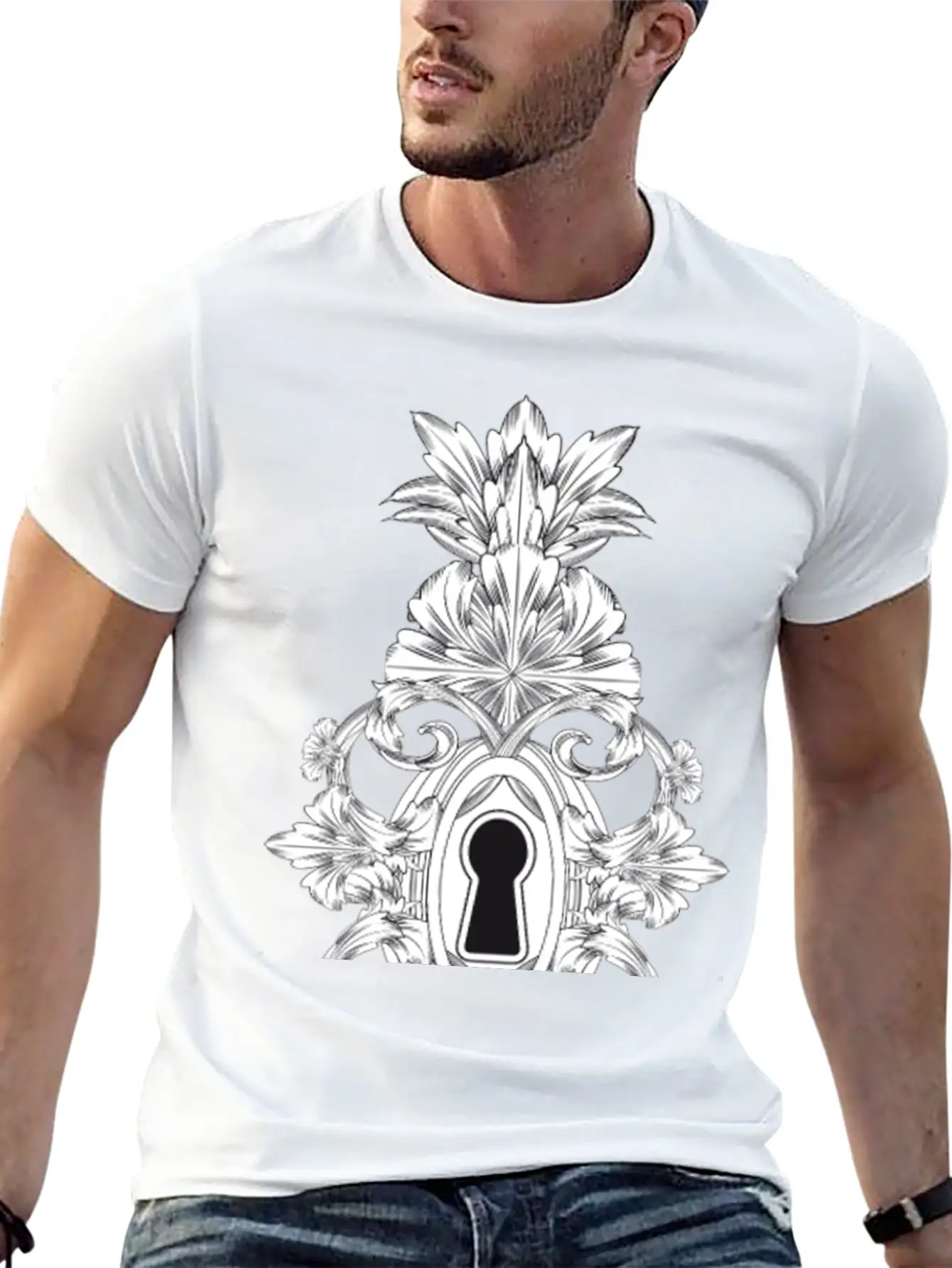 Antique Ornamental Door Lock With Keyhole Lightweight Cotton T-Shirt – Daily Comfort Graphic Shirt