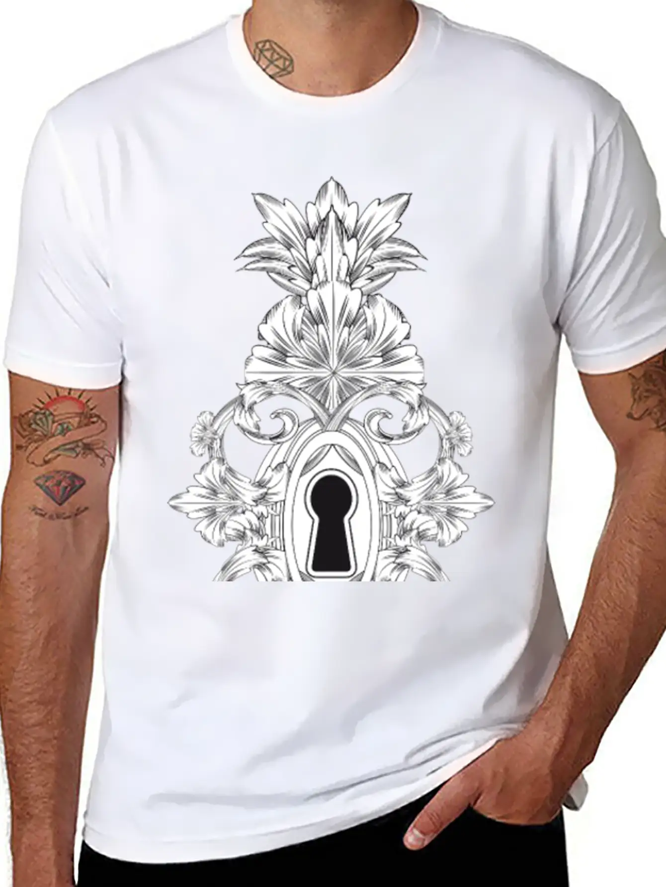 Antique Ornamental Door Lock With Keyhole Lightweight Cotton T-Shirt – Daily Comfort Graphic Shirt