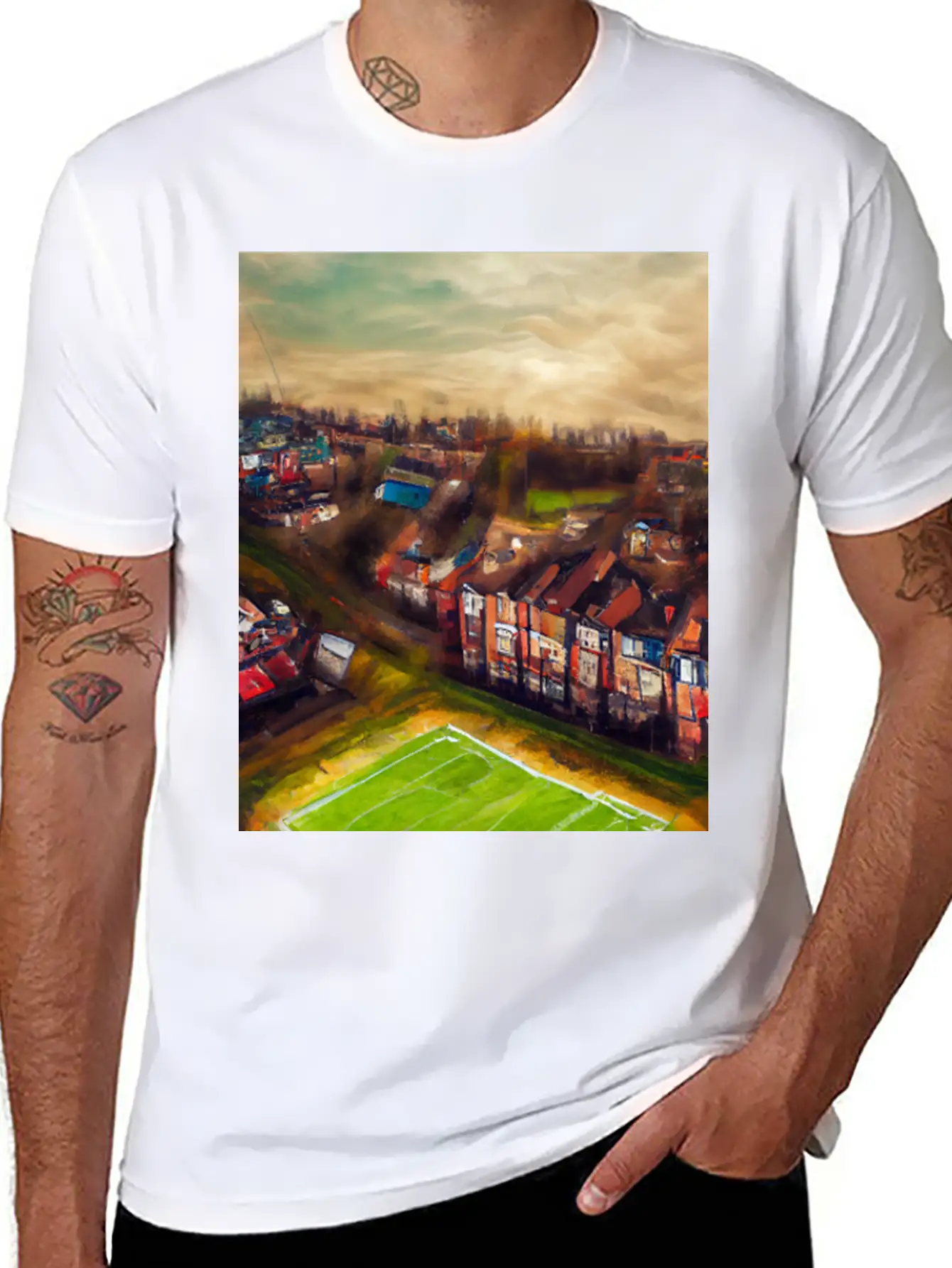 Artistic British Neighborhood And Football Field Modern Fit Casual T-Shirt – Clean And Versatile Design