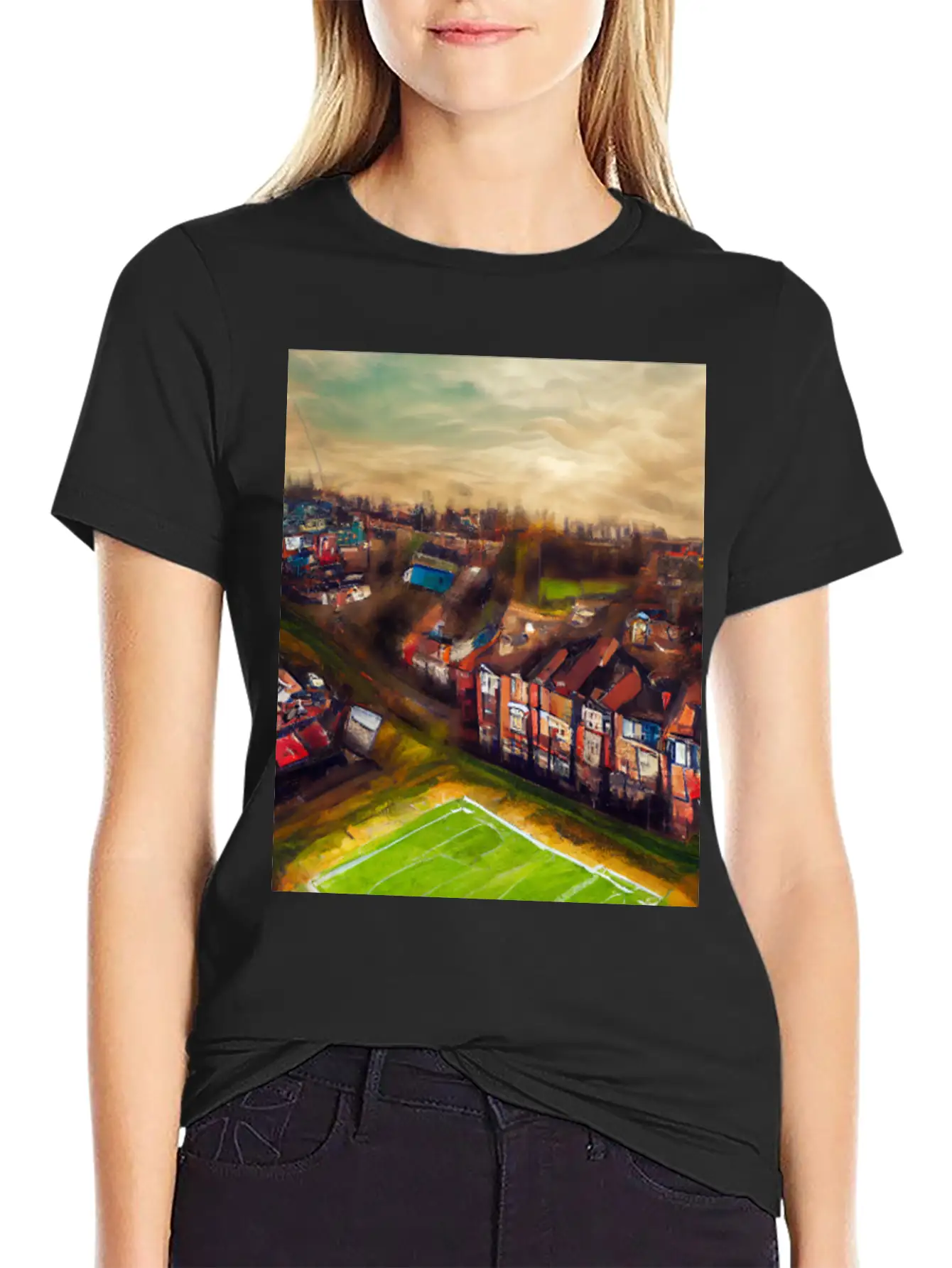 Artistic British Neighborhood And Football Field Modern Fit Casual T-Shirt – Clean And Versatile Design