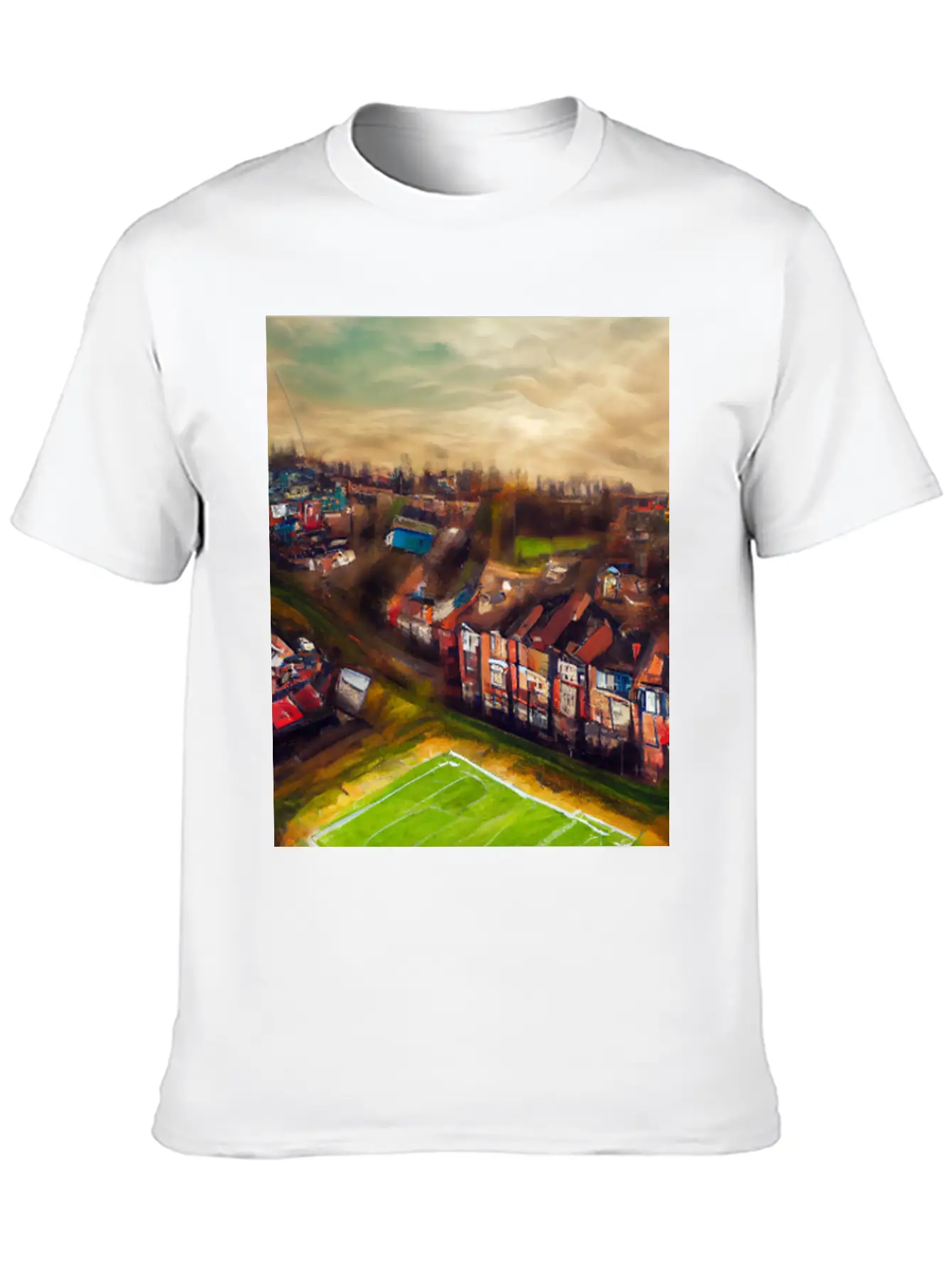 Artistic British Neighborhood And Football Field Modern Fit Casual T-Shirt – Clean And Versatile Design