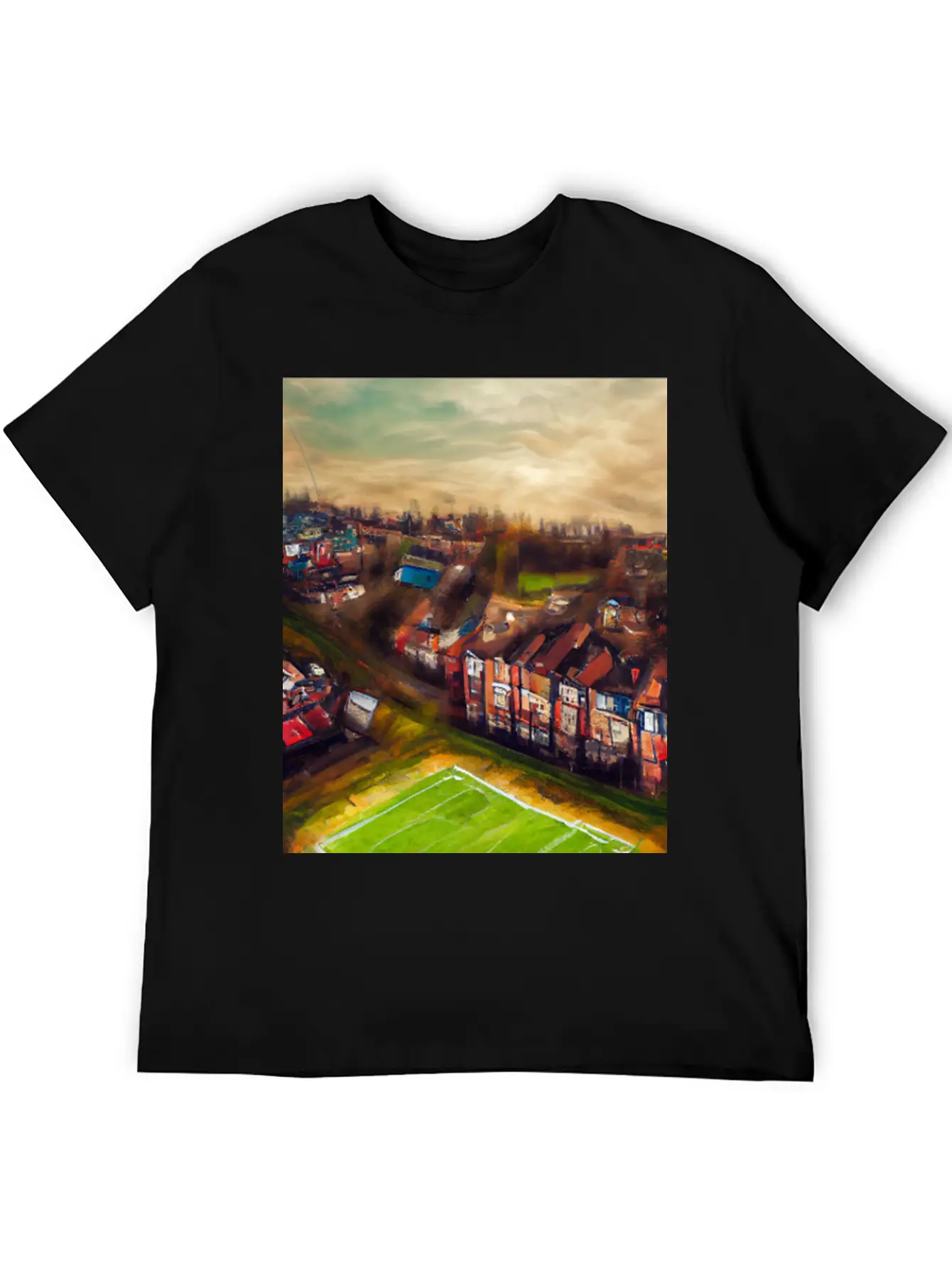 Artistic British Neighborhood And Football Field Modern Fit Casual T-Shirt – Clean And Versatile Design