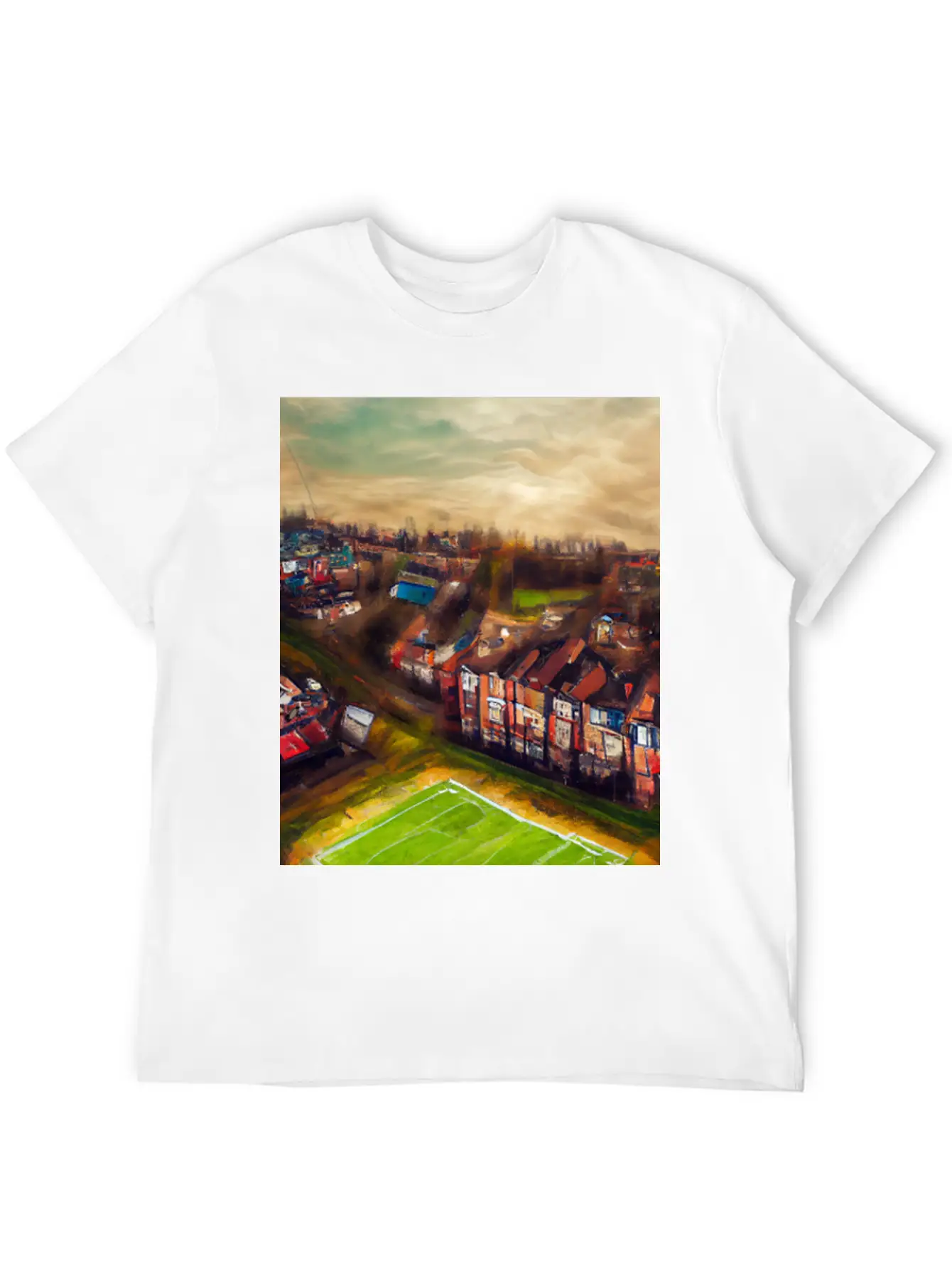 Artistic British Neighborhood And Football Field Modern Fit Casual T-Shirt – Clean And Versatile Design