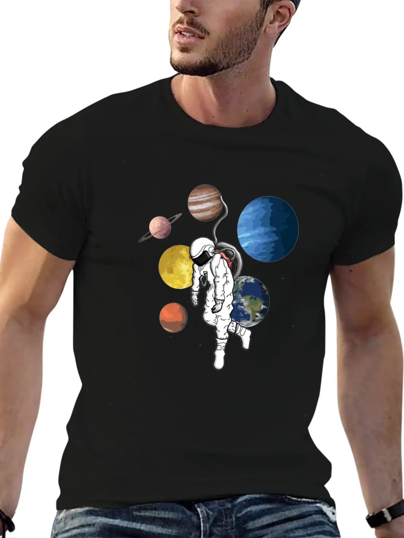 Astronaut Mit Planeten Essential Cotton Tee For Daily Outfits – Unisex Style