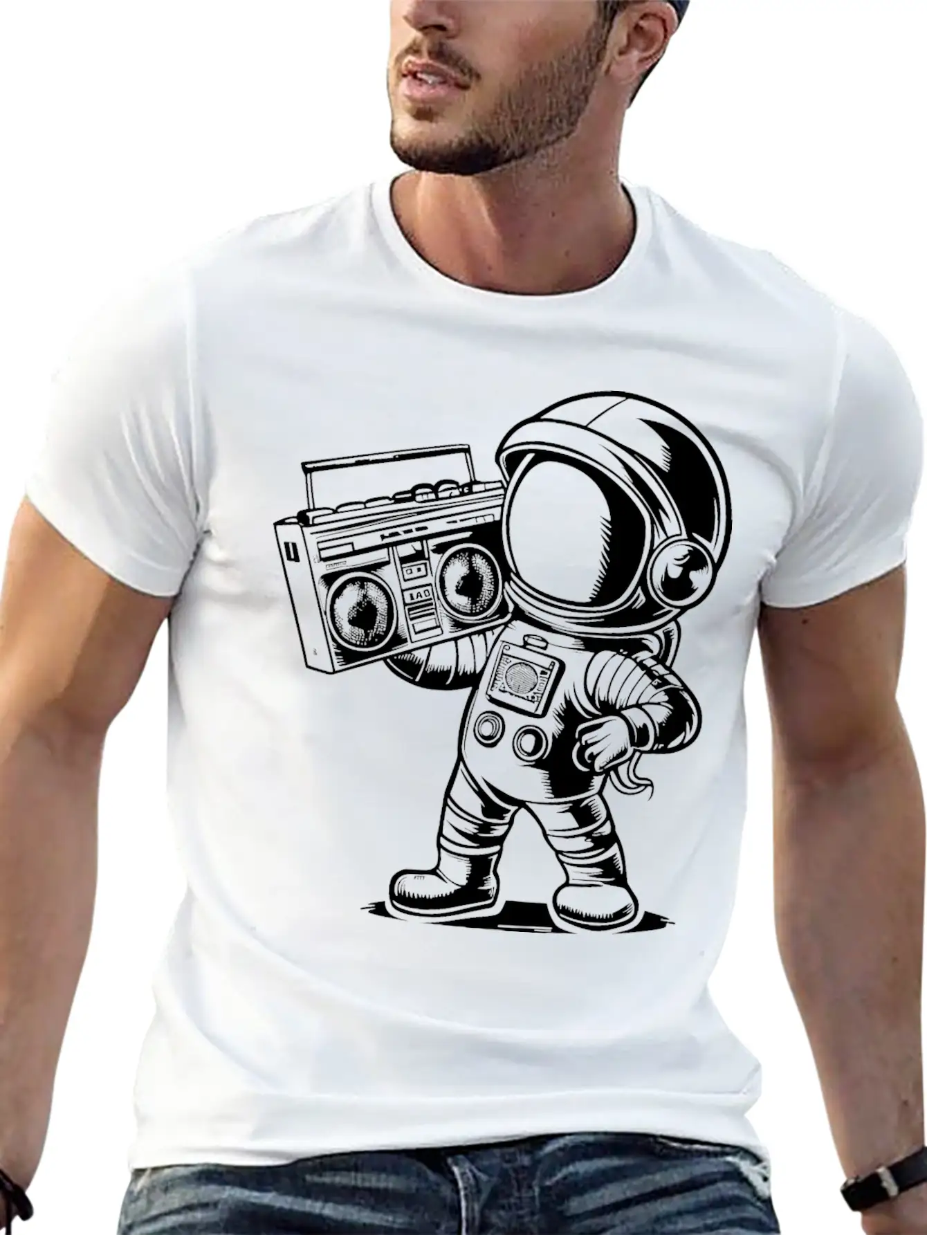 Astronaut With Boombox Radio White Lightweight Cotton T-Shirt – Daily Comfort Graphic Shirt