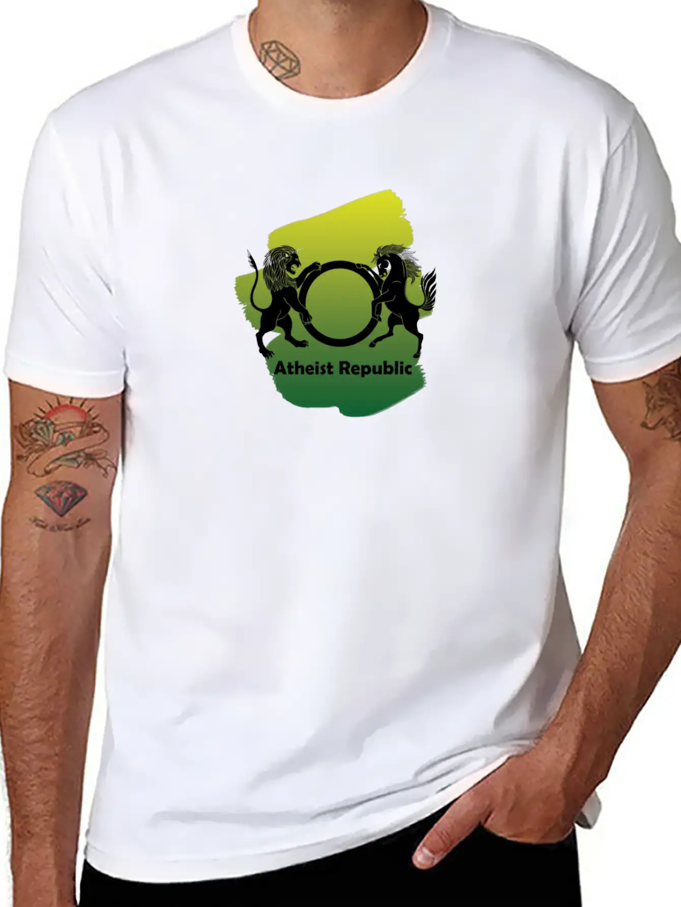 Atheist Republic Logo - Yellow & Green Paint Classic Fit Graphic Tee For Daily Comfort – Unisex Cotton Shirt