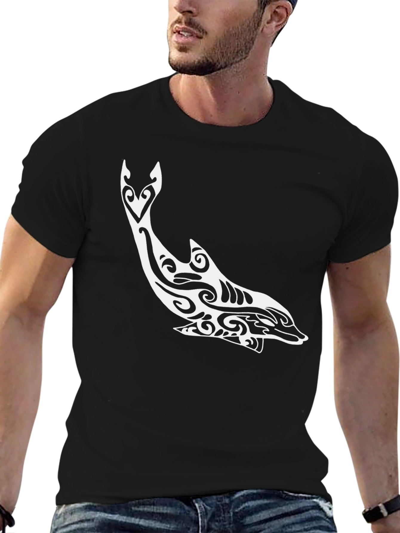 Tribal Dolphin Graphic Tee - Stylish Black T-Shirt