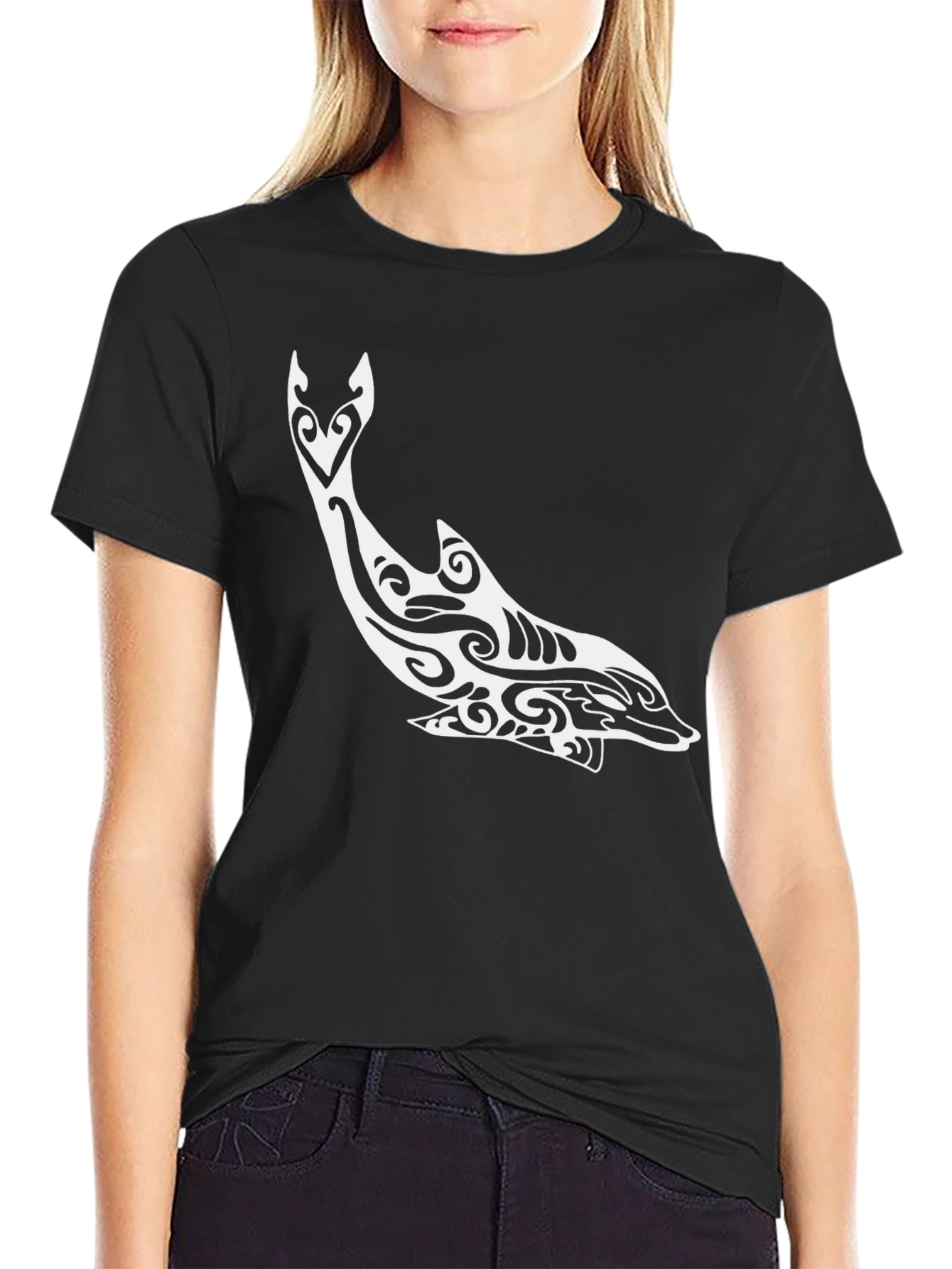 Tribal Dolphin Graphic Tee - Stylish Black T-Shirt