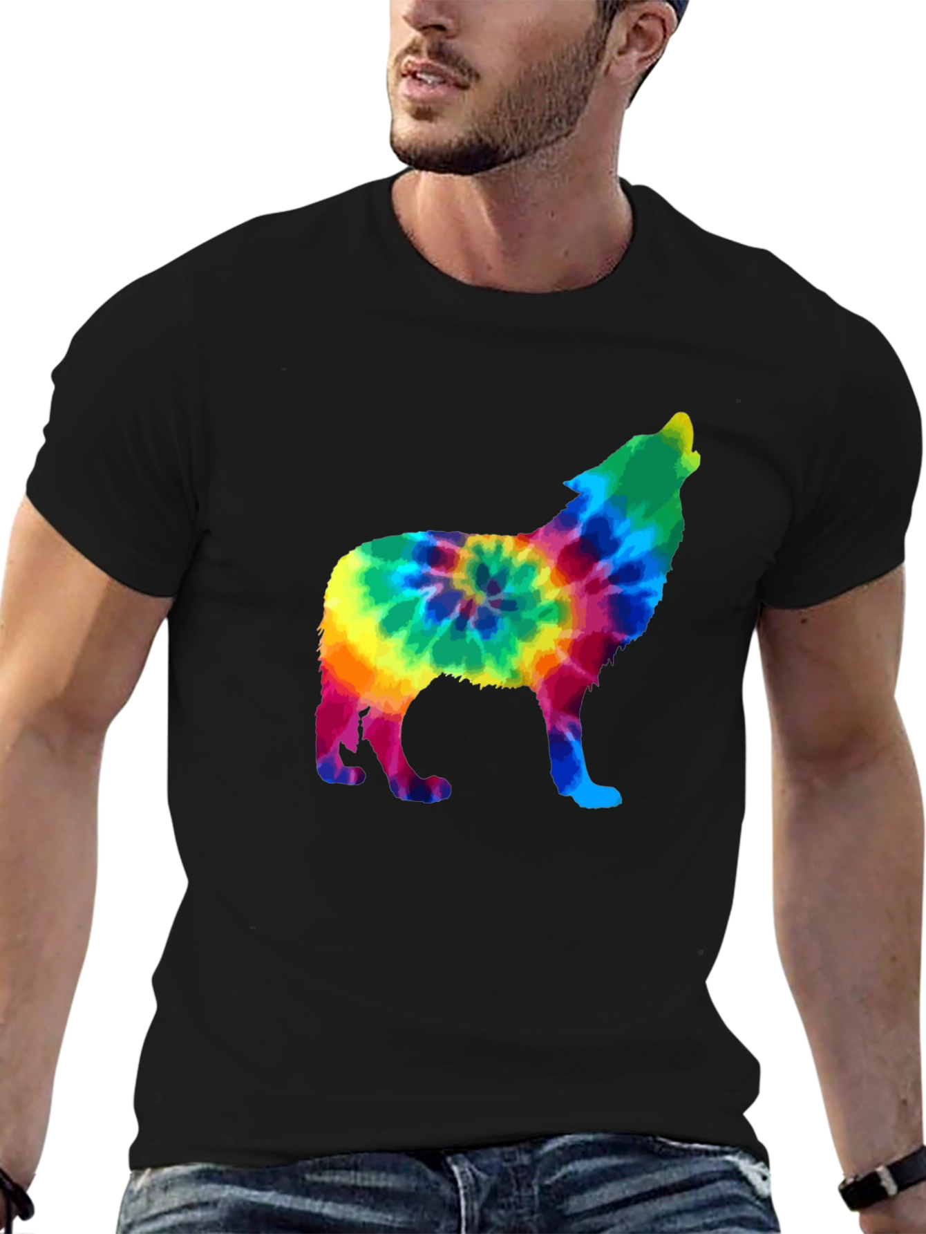 Tie-Dye Wolf Graphic Black T-Shirt