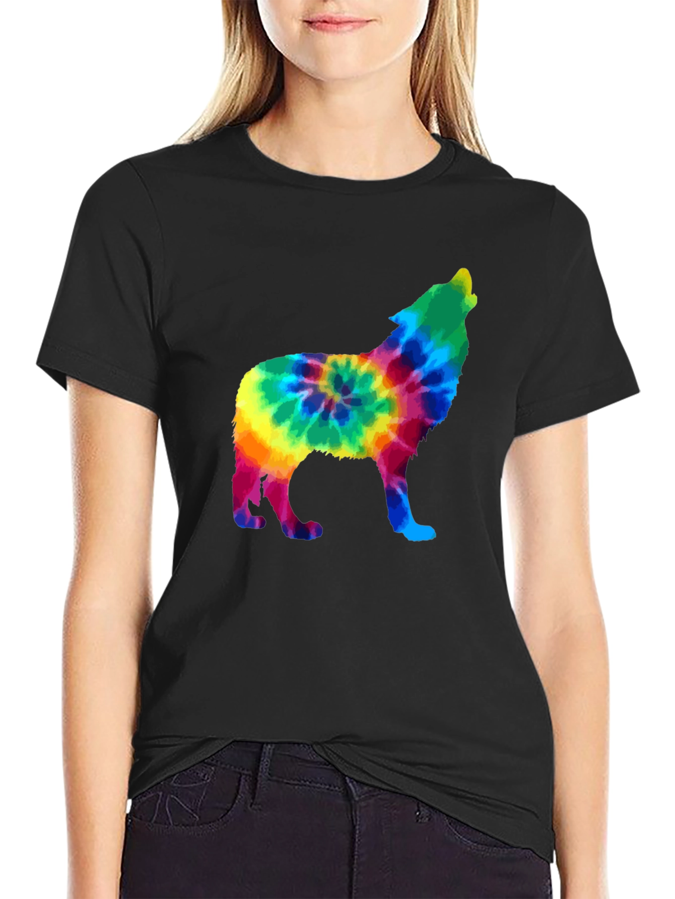 Tie-Dye Wolf Graphic Black T-Shirt