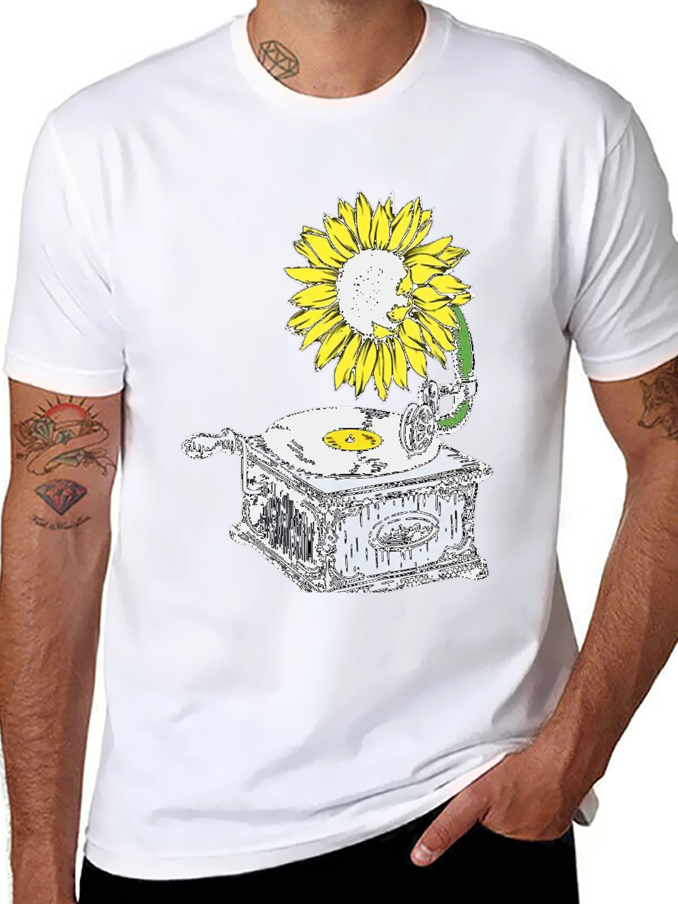 Sunflower Gramophone Black Graphic T-Shirt