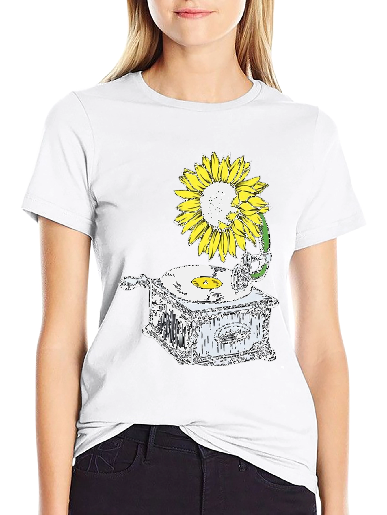 Sunflower Gramophone Black Graphic T-Shirt