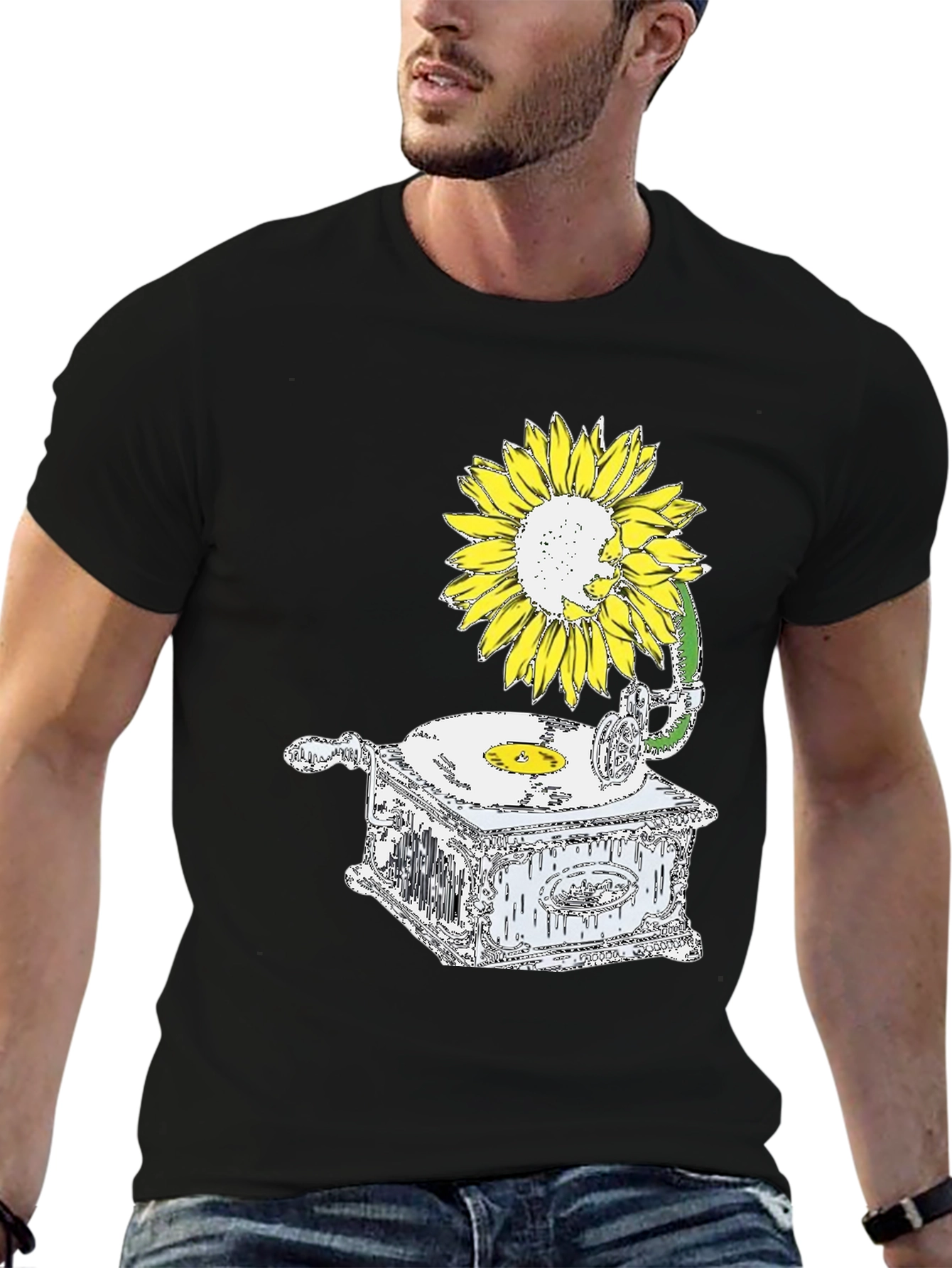 Sunflower Gramophone Black Graphic T-Shirt