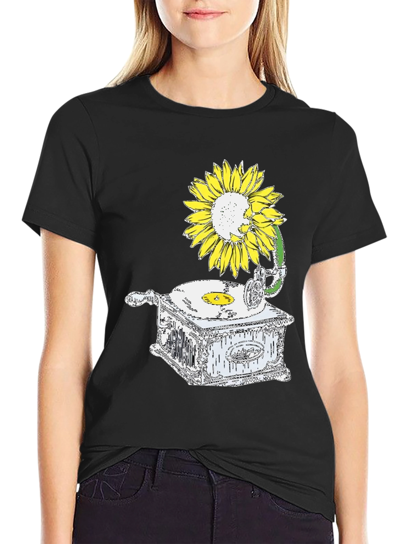 Sunflower Gramophone Black Graphic T-Shirt
