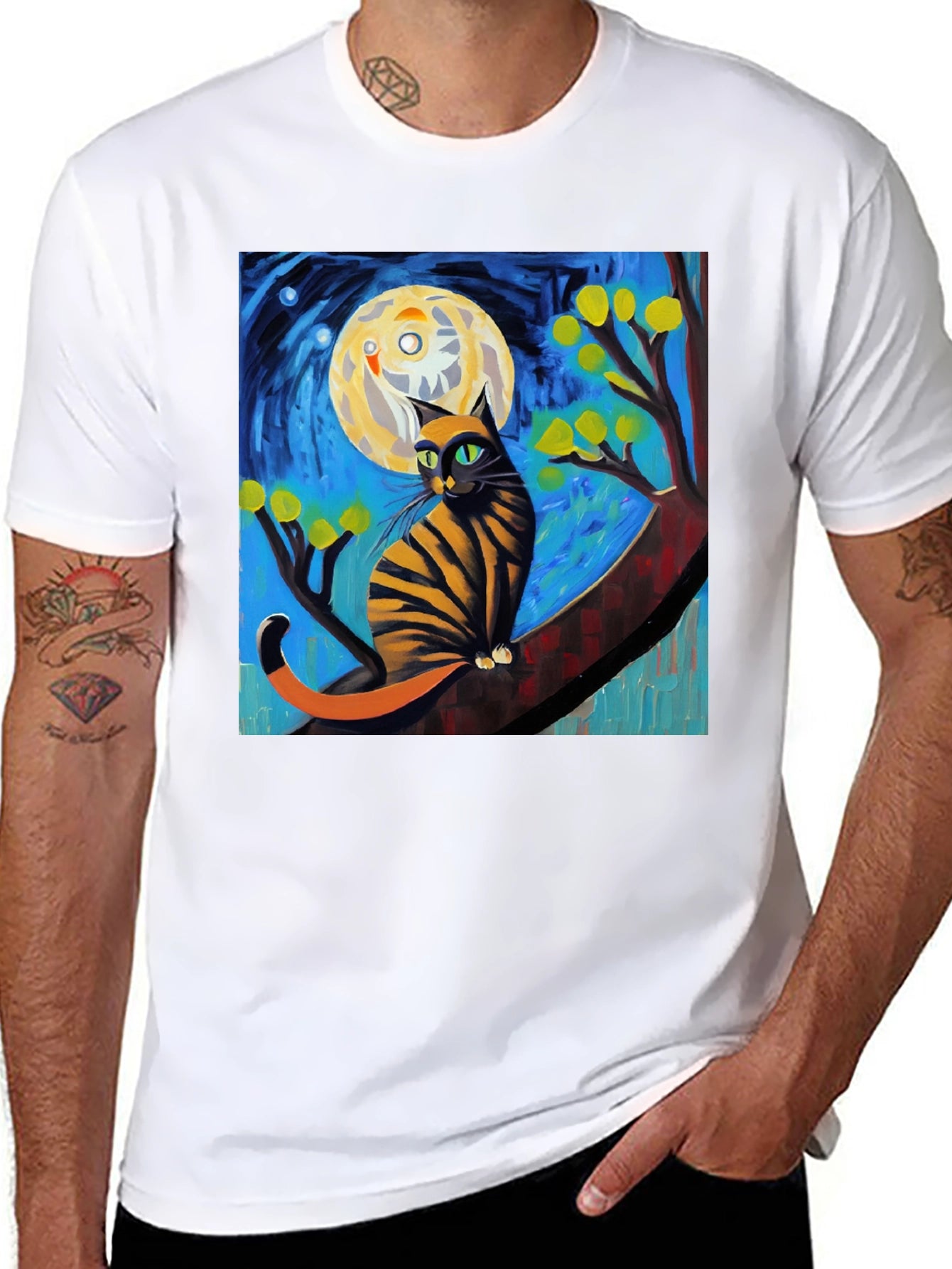 Starry Night Cat T-Shirt - Unique Art Tee