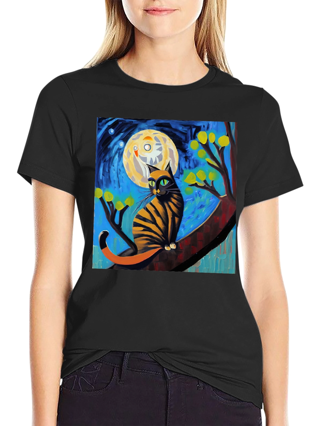 Starry Night Cat T-Shirt - Unique Art Tee