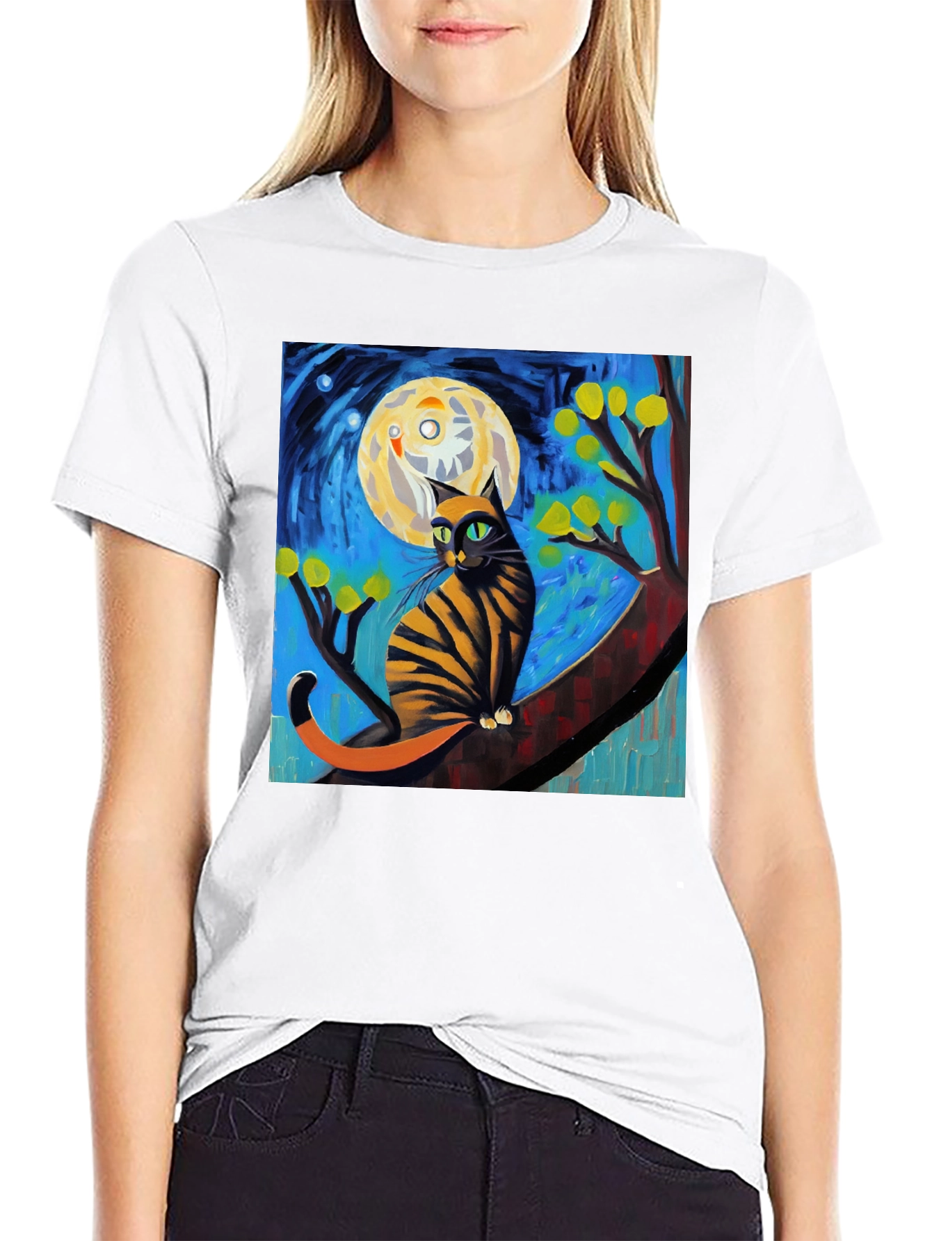 Starry Night Cat T-Shirt - Unique Art Tee