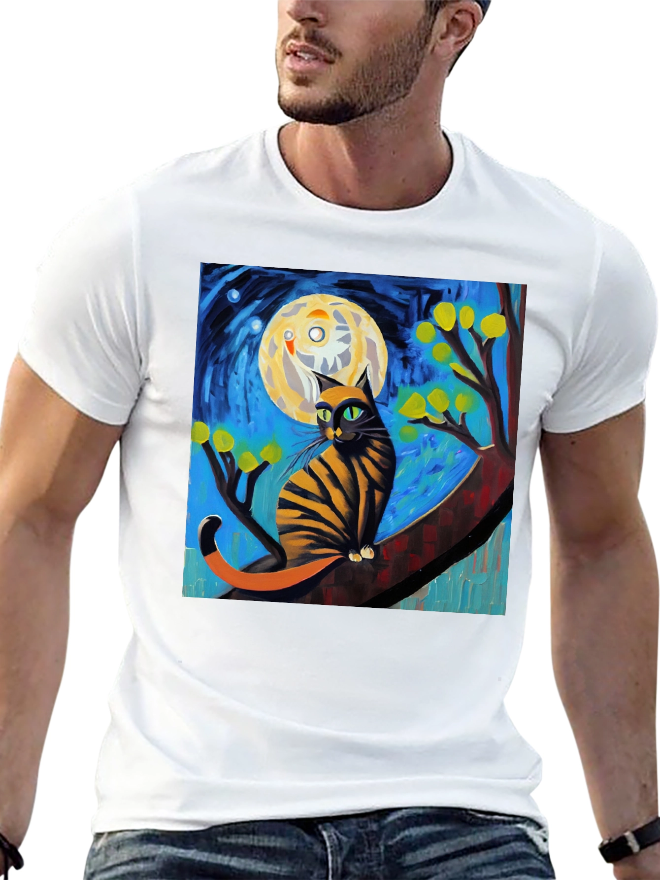 Starry Night Cat T-Shirt - Unique Art Tee