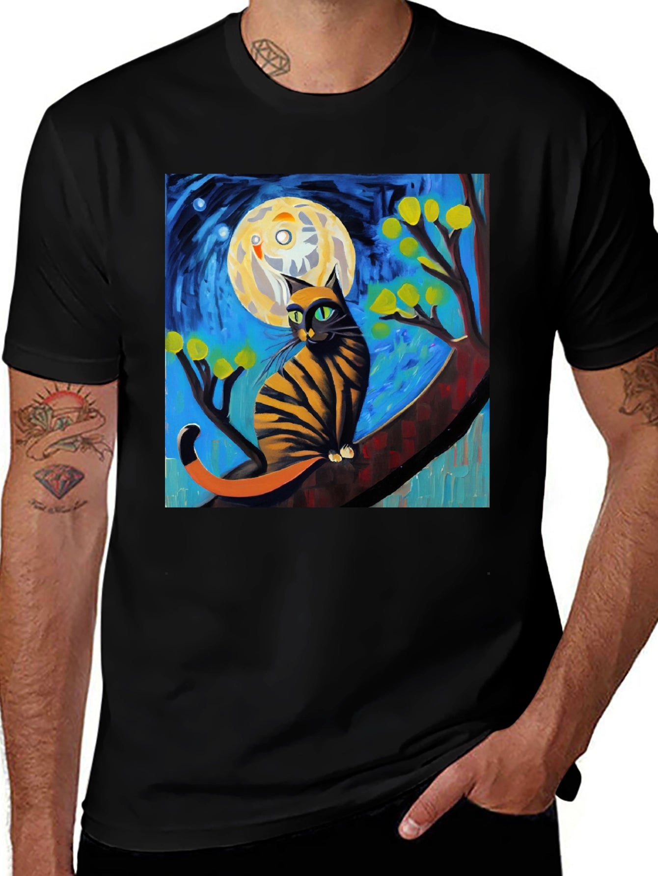 Starry Night Cat T-Shirt - Unique Art Tee